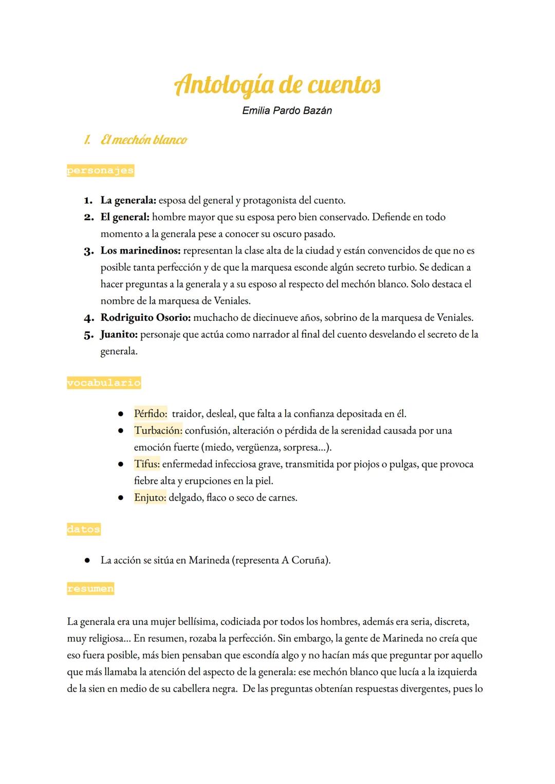 # Antología de cuentos
Emilia Pardo Bazán
1. El mechón blanco
personajes
1. La generala: esposa del general y protagonista del cuento.
2.