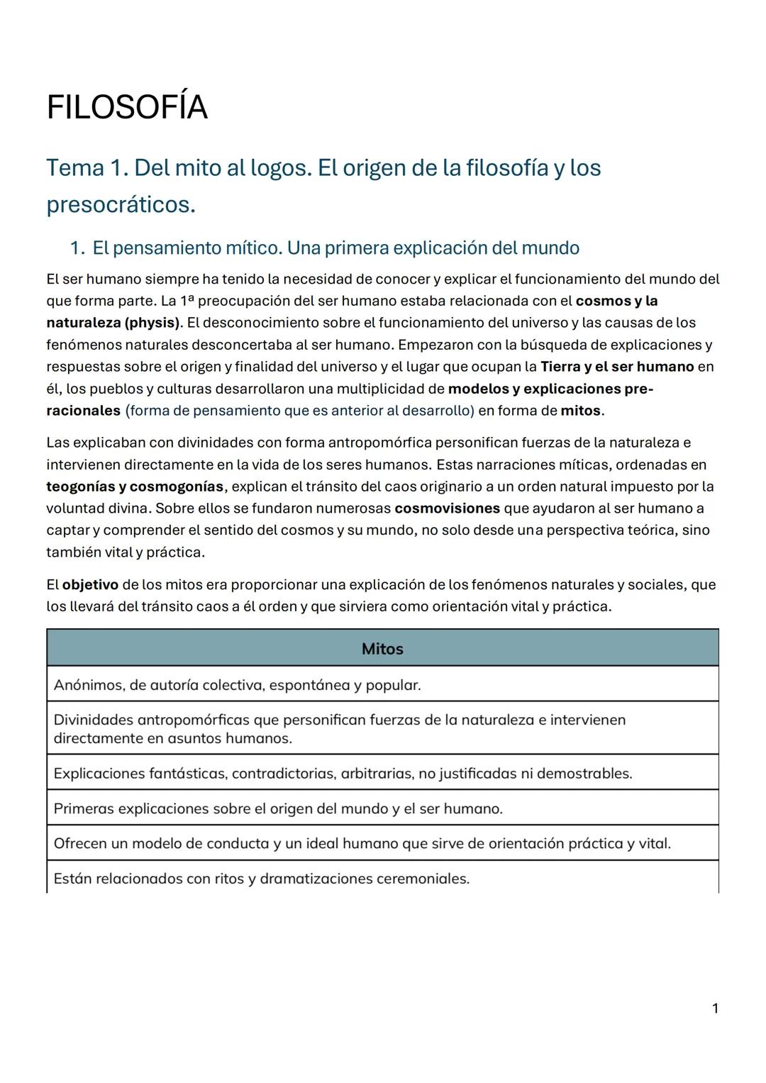 # FILOSOFÍA
Tema 1. Del mito al logos. El origen de la filosofía y los
presocráticos.
1. El pensamiento mítico. Una primera explicación de