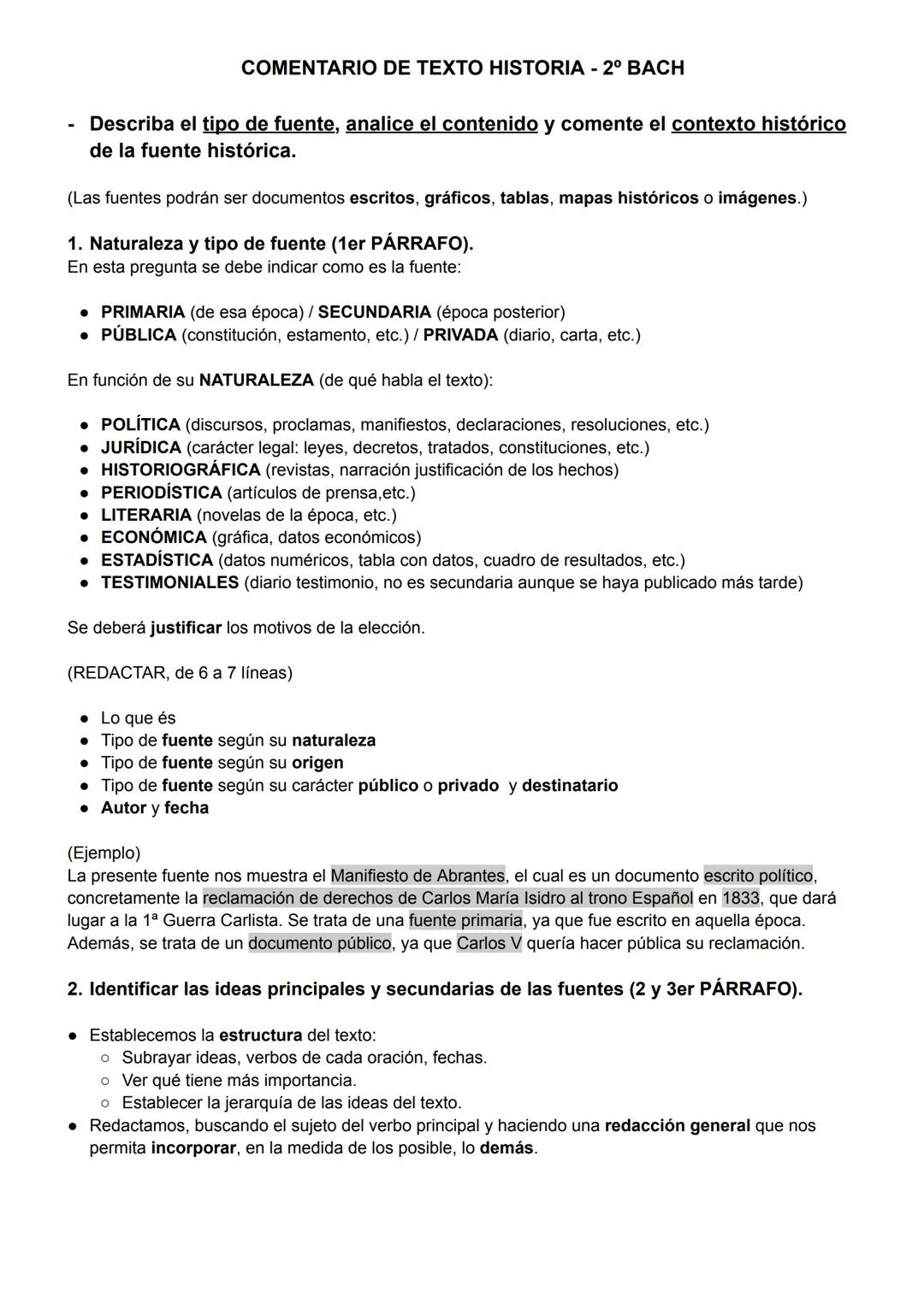 # COMENTARIO DE TEXTO HISTORIA - 2º BACH
- Describa el tipo de fuente, analice el contenido y comente el contexto histórico
de la fuente hi