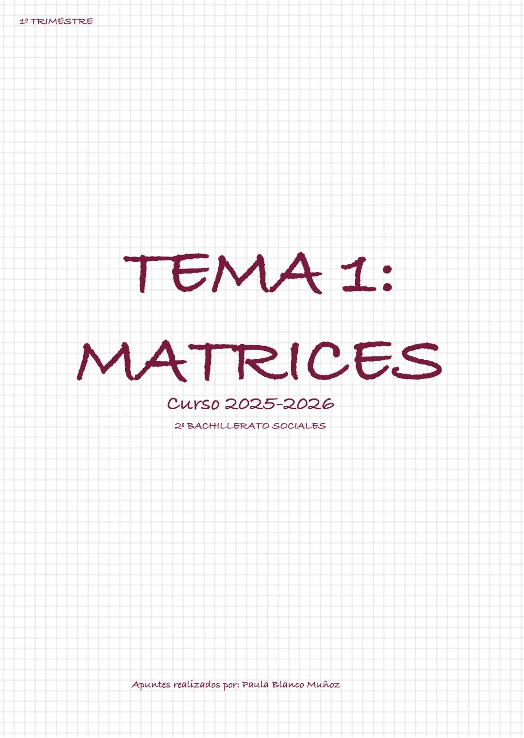 1º TRIMESTRE
TEMA 1:
MATRICES
Curso 2025-2026
2º BACHILLERATO SOCIALES
Apuntes realizados por: Paula Blanco Muñoz Bienvenido/a al tema