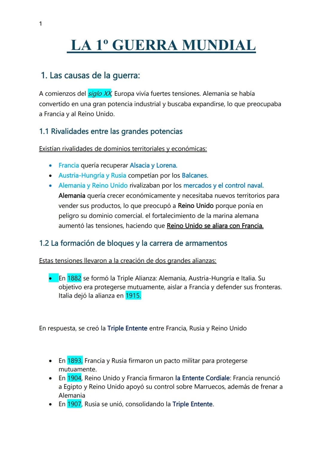 1
# LA 1º GUERRA MUNDIAL
1. Las causas de la guerra:
A comienzos del siglo XX, Europa vivía fuertes tensiones. Alemania se había
converti