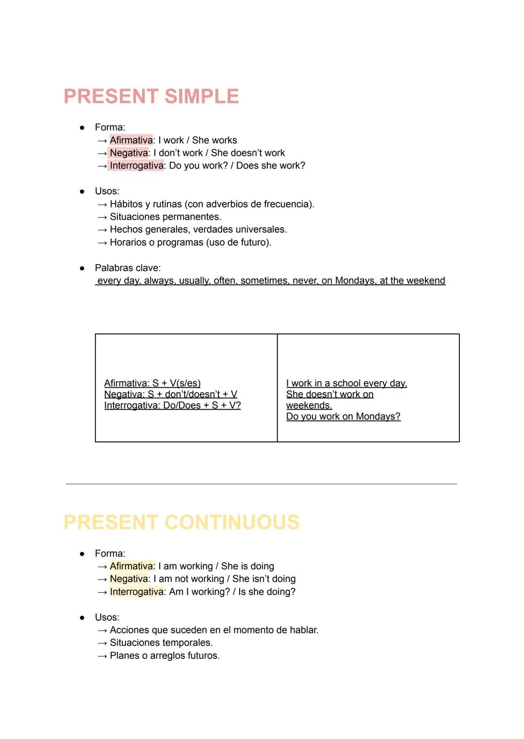 # PRESENT SIMPLE
- Forma:
- Afirmativa: I work / She works
- Negativa: I don't work / She doesn't work
- Interrogativa: Do you work?