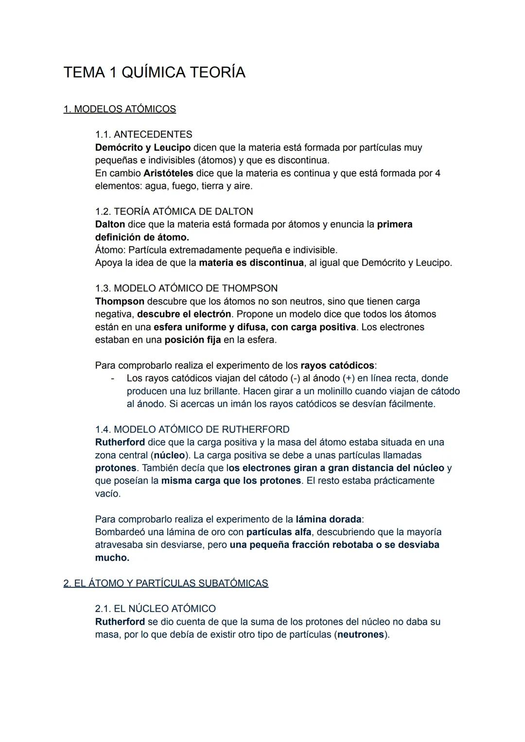 # TEMA 1 QUÍMICA TEORÍA
1. MODELOS ATÓMICOS
1.1. ANTECEDENTES
Demócrito y Leucipo dicen que la materia está formada por partículas muy
peq