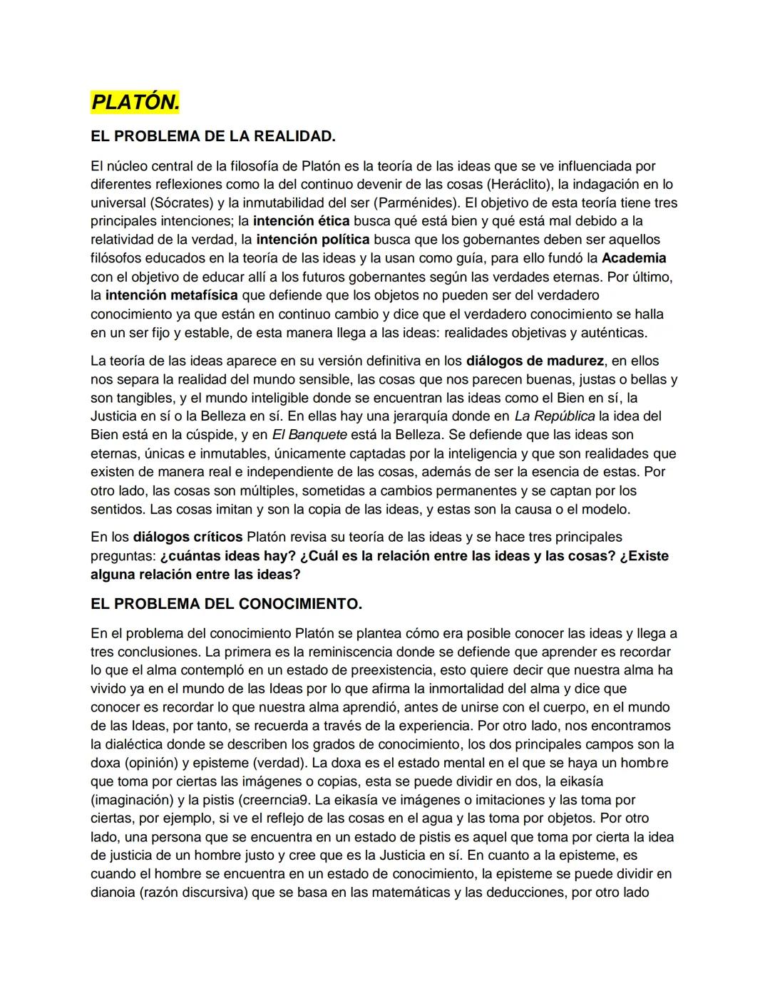 # PLATÓN.
EL PROBLEMA DE LA REALIDAD.
El núcleo central de la filosofía de Platón es la teoría de las ideas que se ve influenciada por
dif