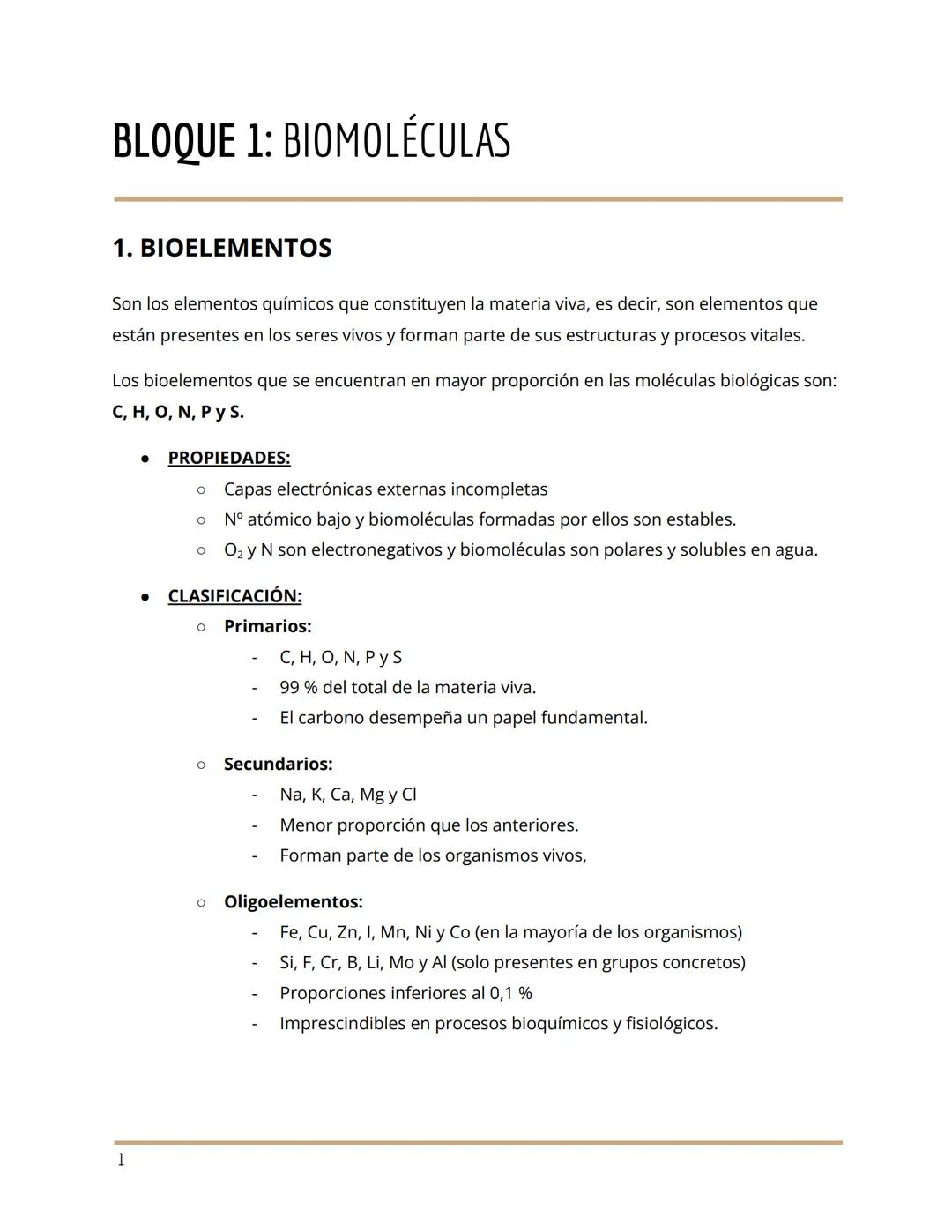 # BLOQUE 1: BIOMOLÉCULAS
1. BIOELEMENTOS
Son los elementos químicos que constituyen la materia viva, es decir, son elementos que
están pre