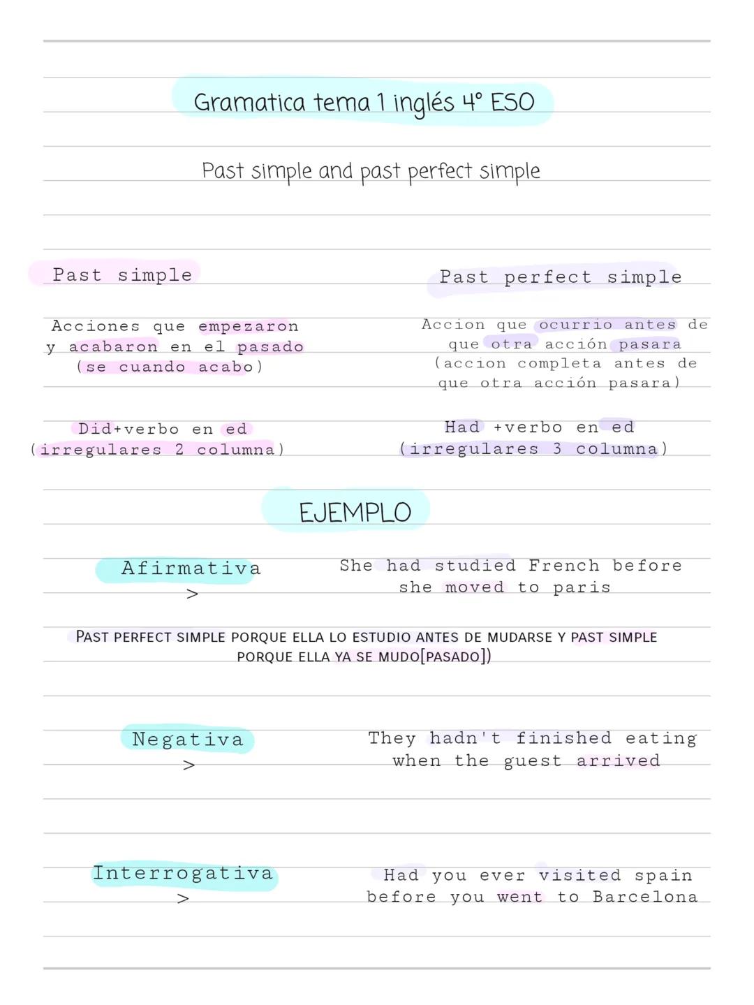 Gramatica tema 1 inglés 4ºESO
Past simple and present perfect simple
Past simple
Acciones que empezaron y
acabaron en el pasado
(se cuand