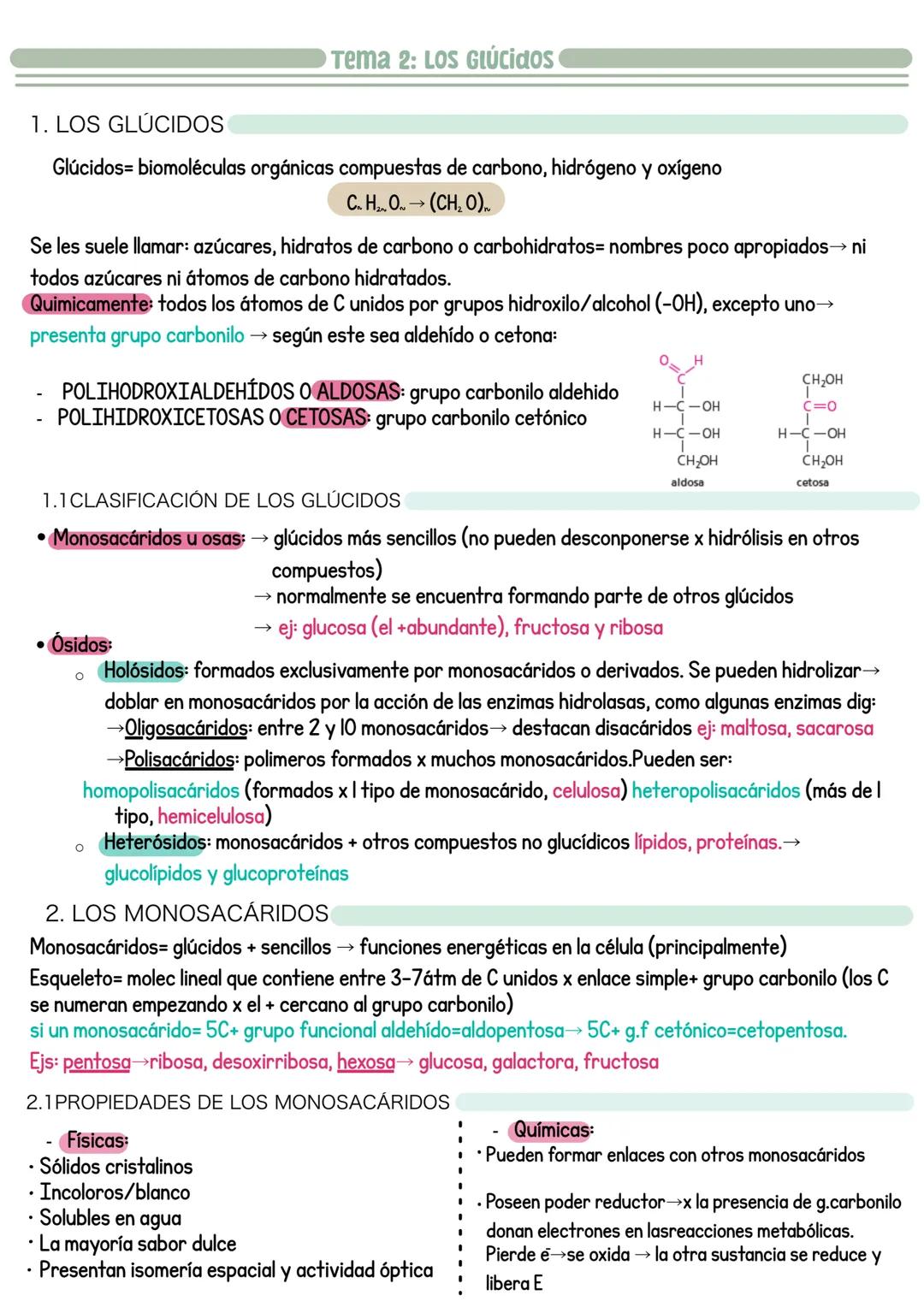 # Tema 2: LOS GIÚCidos
1. LOS GLÚCIDOS
Glúcidos= biomoléculas orgánicas compuestas de carbono, hidrógeno y oxígeno
$C_xH_yO_z \rightarrow
