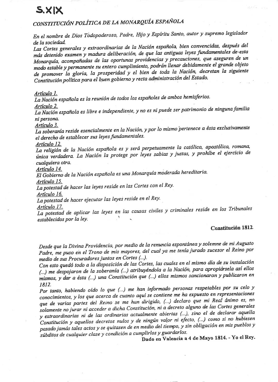 # S.XIX
CONSTITUCIÓN POLÍTICA DE LA MONARQUÍA ESPAÑOLA
En el nombre de Dios Todopoderoso, Padre, Hijo y Espíritu Santo, autor y supremo le