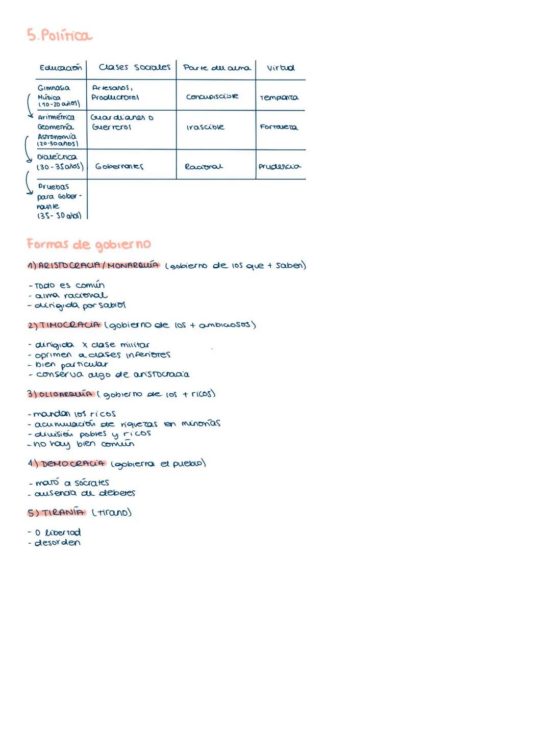 5. Política
Educación | Clases sociales | Parte del alma | Virtud
:---: | :---: | :---: | :---:
Gimnasia | Artesanos, | |
Música | Produc