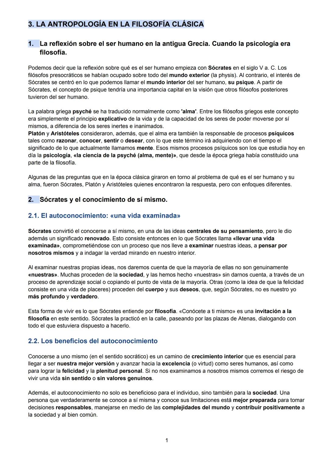 3. LA ANTROPOLOGÍA EN LA FILOSOFÍA CLÁSICA
1. La reflexión sobre el ser humano en la antigua Grecia. Cuando la psicología era
filosofía.
P