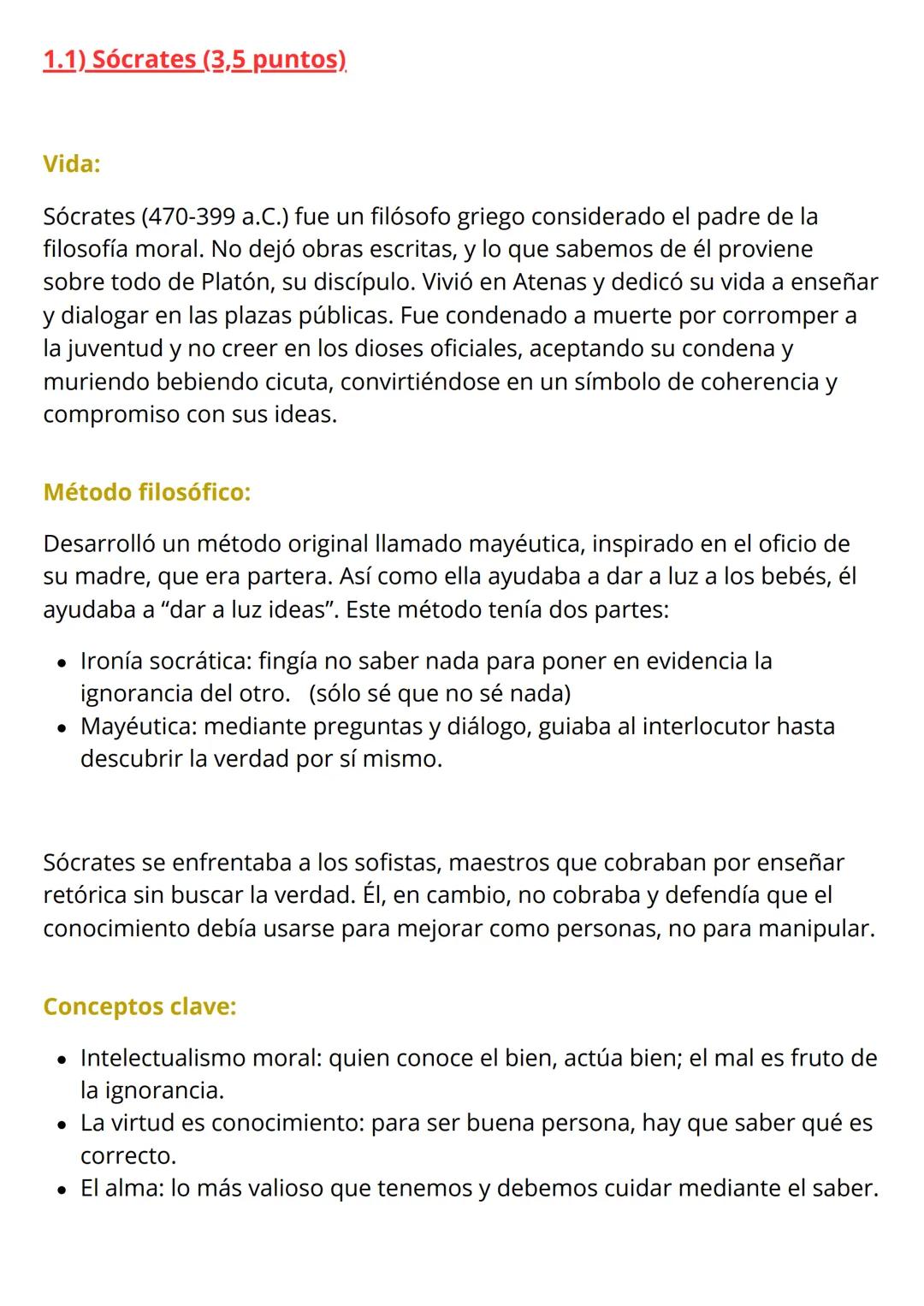 1.1) Sócrates (3,5 puntos)
Vida:
Sócrates (470-399 a.C.) fue un filósofo griego considerado el padre de la
filosofía moral. No dejó obras