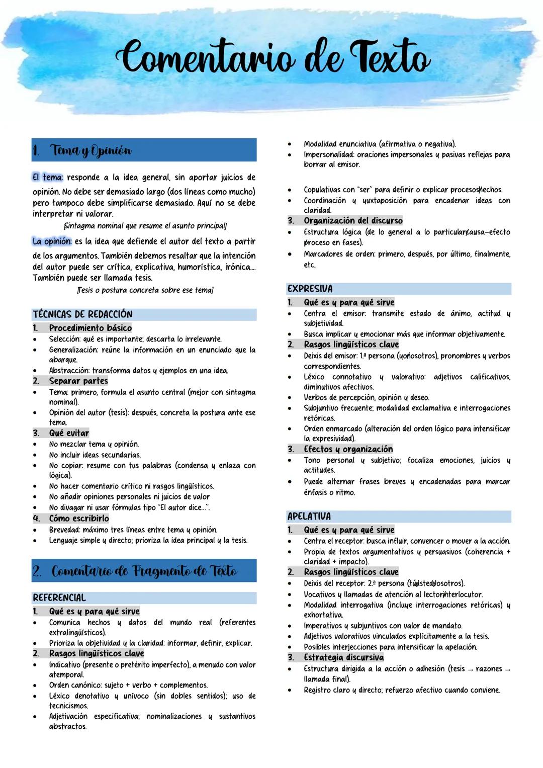 # Comentario de Texto
## 1. Tema y Opinión
El tema: responde a la idea general, sin aportar juicios de
opinión. No debe ser demasiado larg