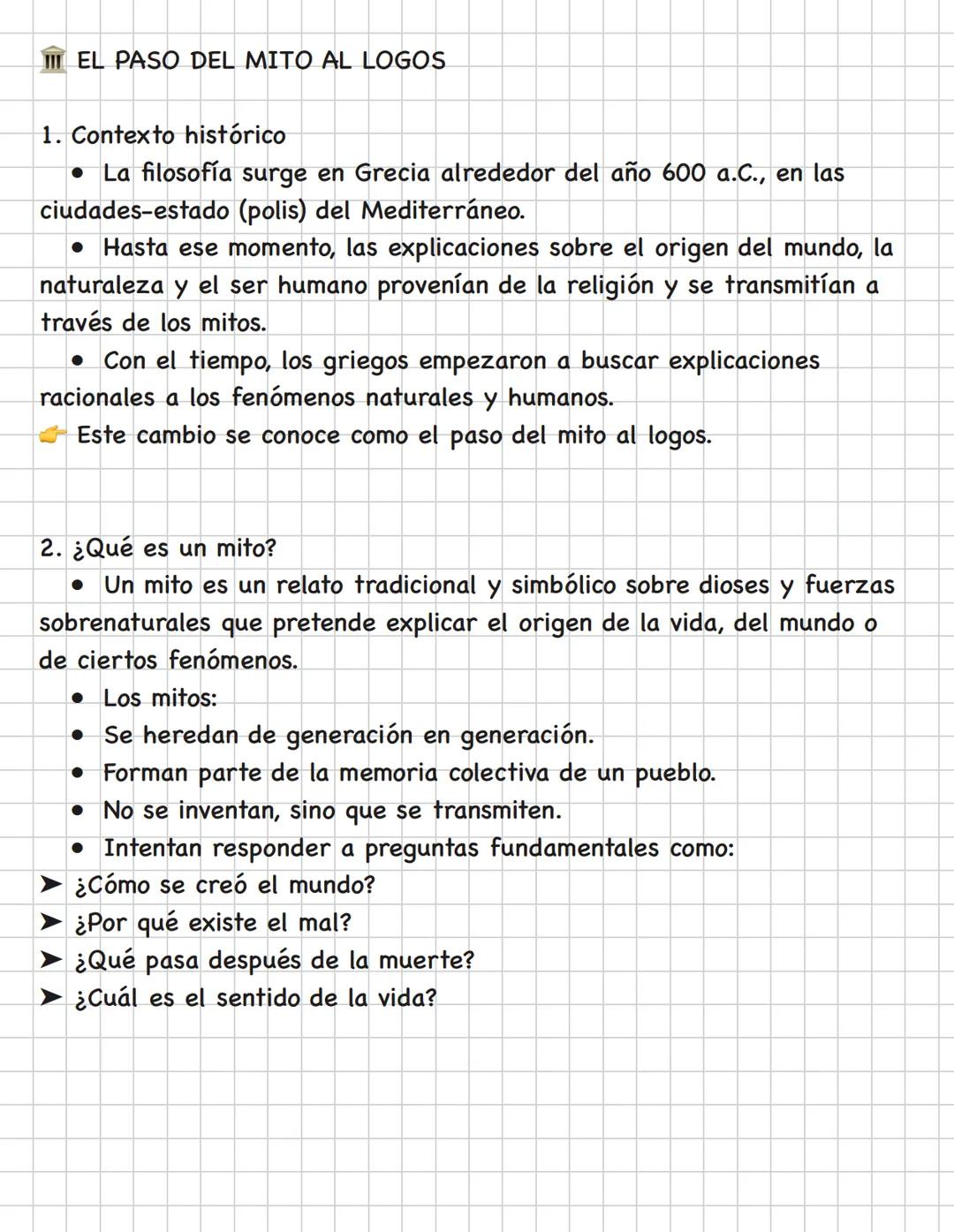 # del mytho al logos IIIEL PASO DEL MITO AL LOGOS
1. Contexto histórico
• La filosofía surge en Grecia alrededor del año 600 a.C., en las