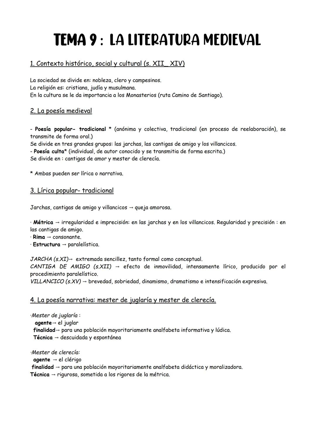 # TEMA 9: LA LITERATURA MEDIEVAL
1. Contexto histórico, social y cultural (s. XII XIV)
La sociedad se divide en: nobleza, clero y campesin