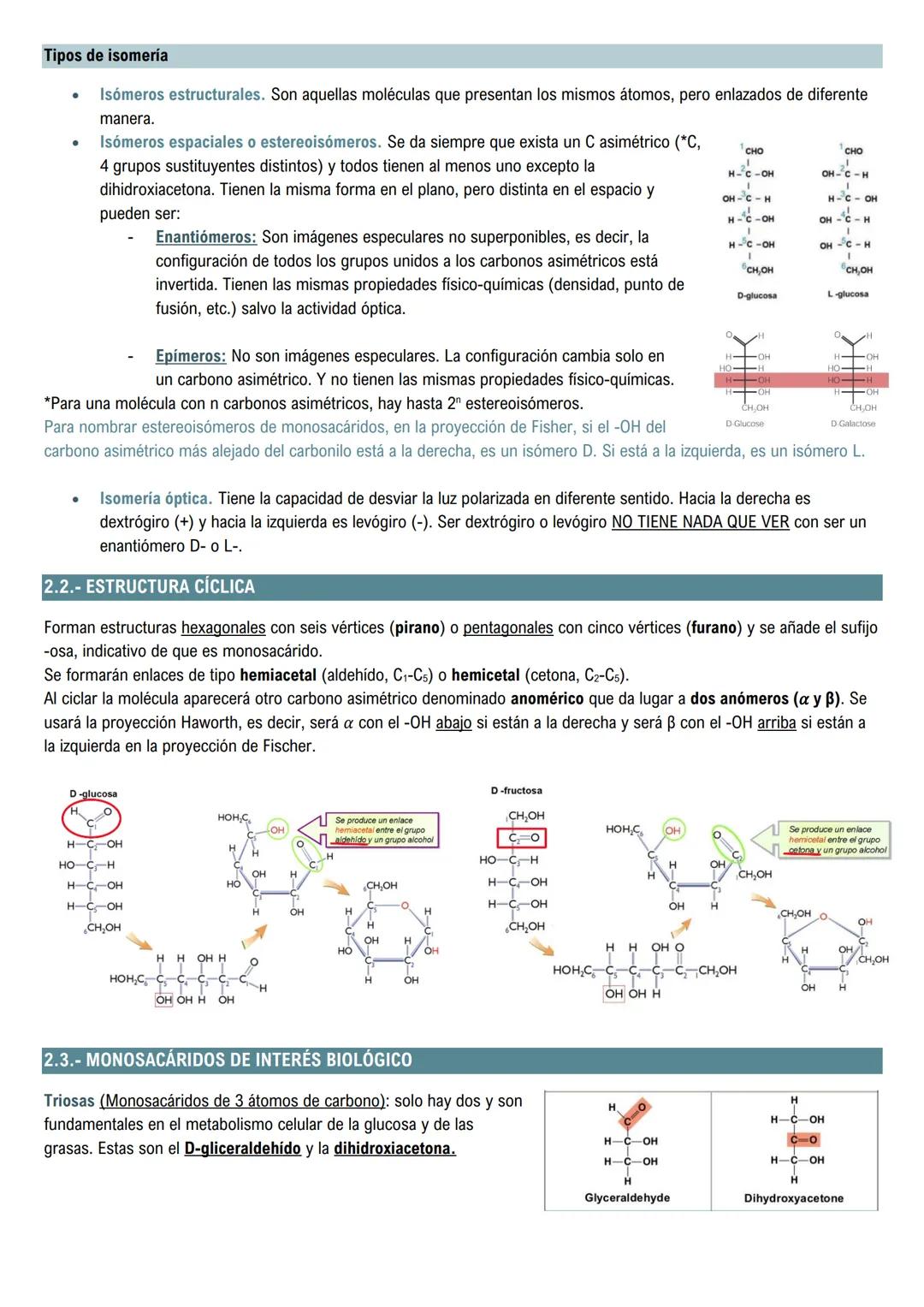 # Glúcidos
1. Estructura de los glúcidos
Son biomoléculas orgánicas formadas por carbono, hidrógeno y oxígeno. Su fórmula molecular es $C_