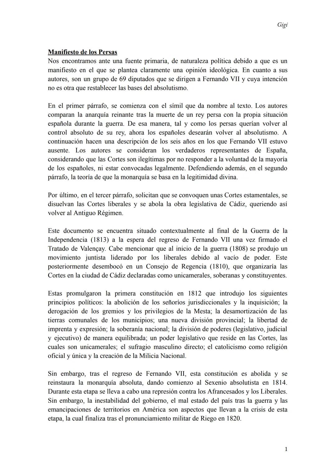 Gigi
Manifiesto de los Persas
Nos encontramos ante una fuente primaria, de naturaleza política debido a que es un
manifiesto en el que se