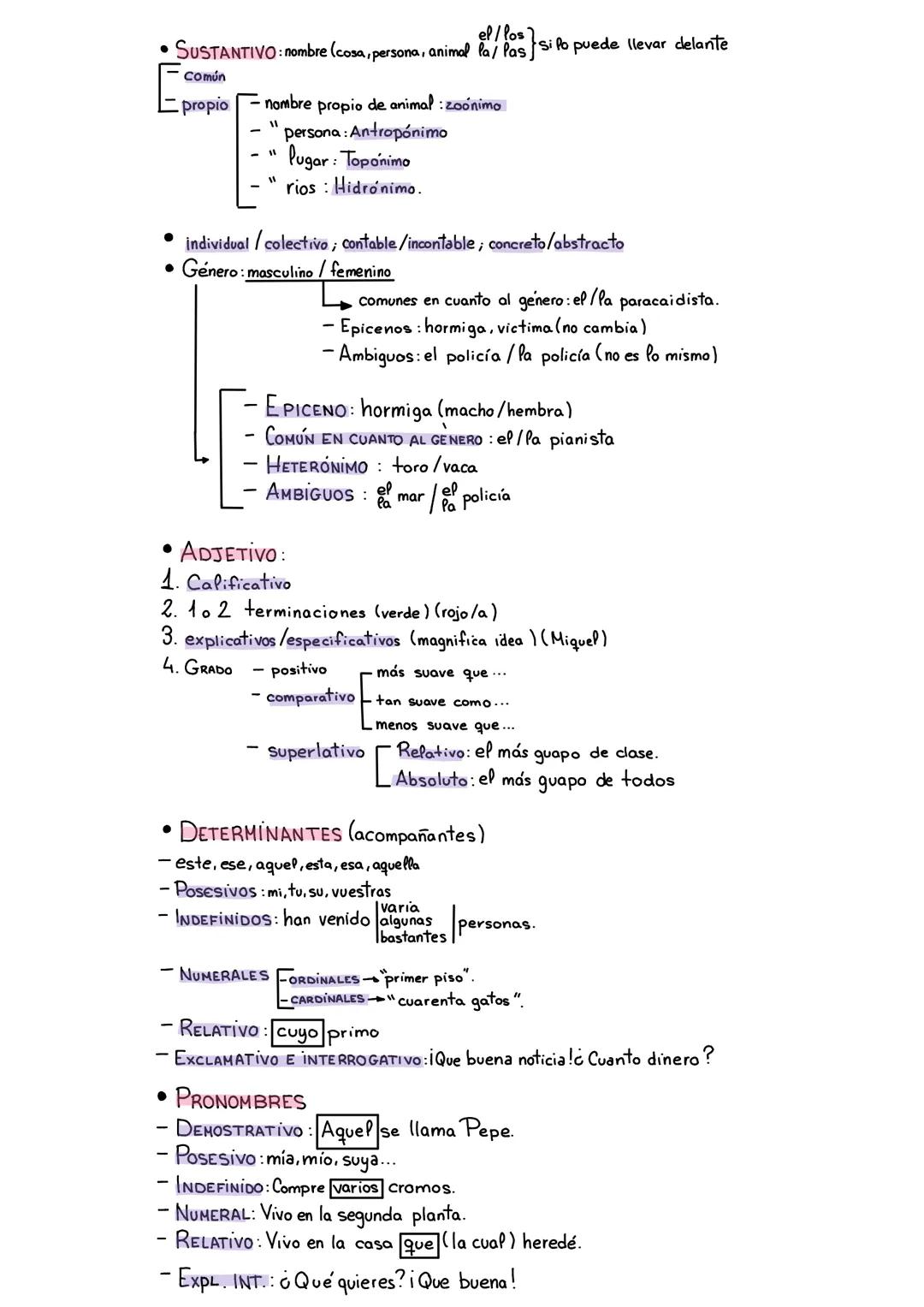 - SUSTANTIVO: nombre (cosa, persona, animal $\frac{el}{la}$/ $\frac{los}{las}$) si po puede llevar delante
- Común
- Propio - nombre pro