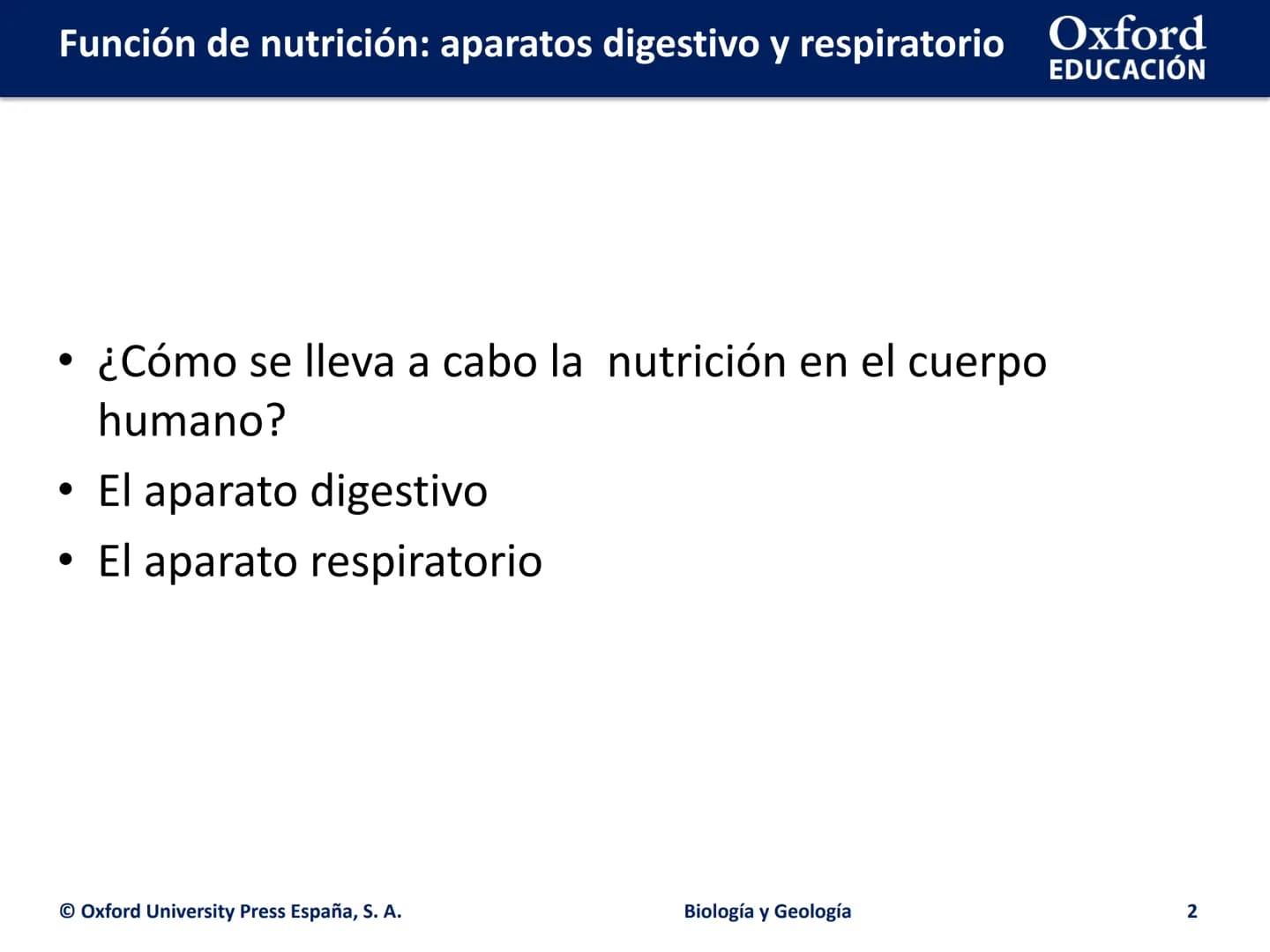 Oxford
EDUCACIÓN
FUNCIÓN DE
NUTRICIÓN: APARATOS
DIGESTIVO Y
RESPIRATORIO
Biología y Geología
DOMI ΜΙΝΑ # Función de nutrición: aparatos d
