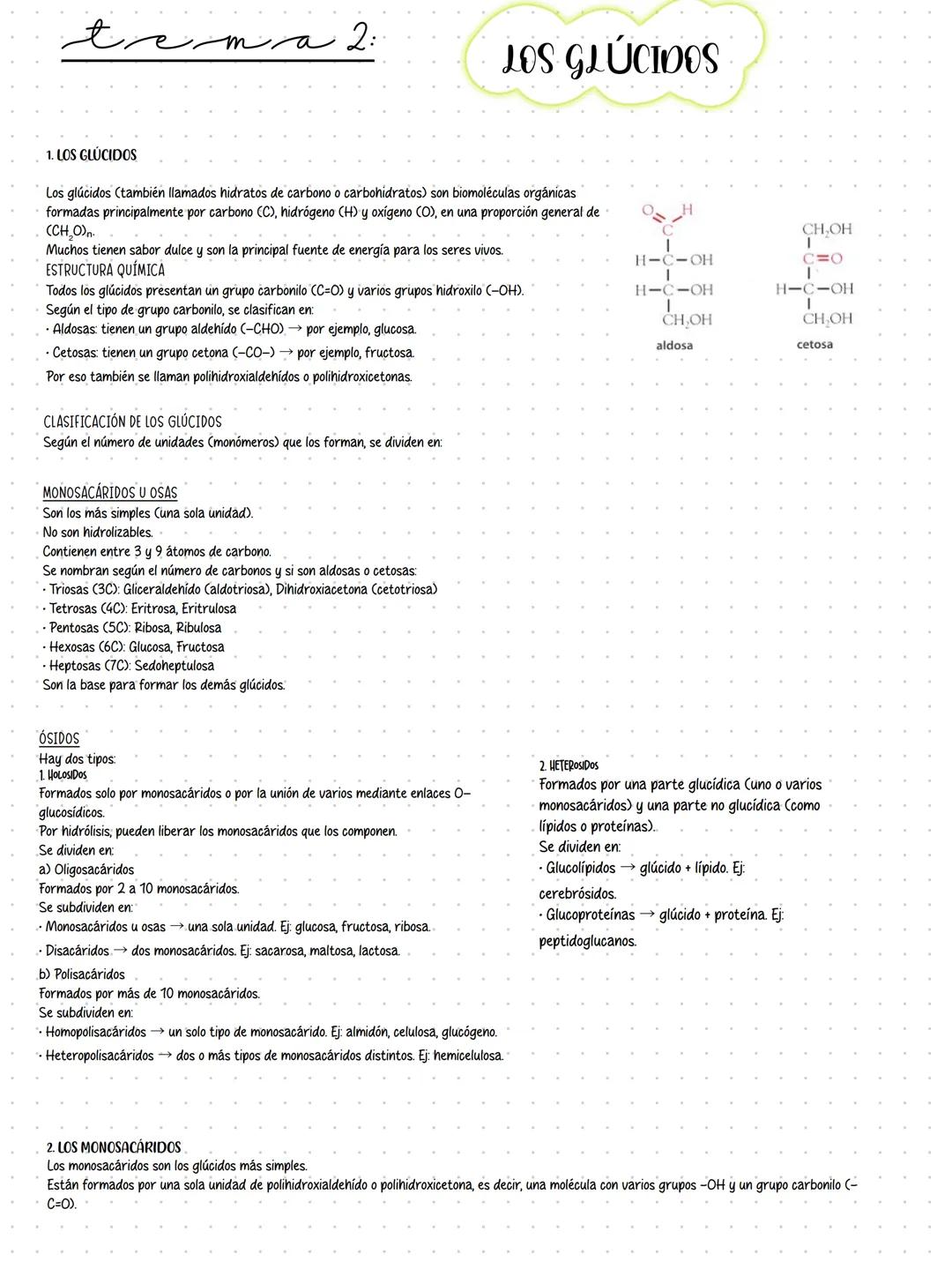 tema 2:
LOS GLÚCIDOS
1. LOS GLUCIDOS
Los glúcidos (también llamados hidratos de carbono o carbohidratos) son biomoléculas orgánicas
formad