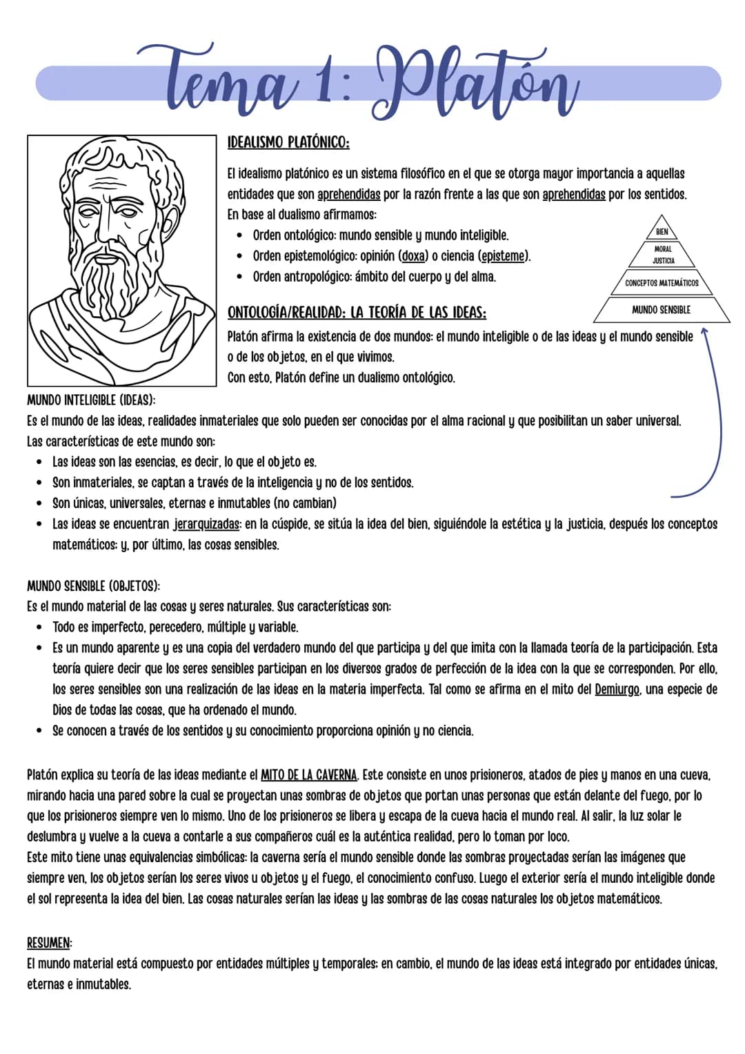 # Tema 1: Platón
IDEALISMO PLATÓNICO:
El idealismo platónico es un sistema filosófico en el que se otorga mayor importancia a aquellas
ent