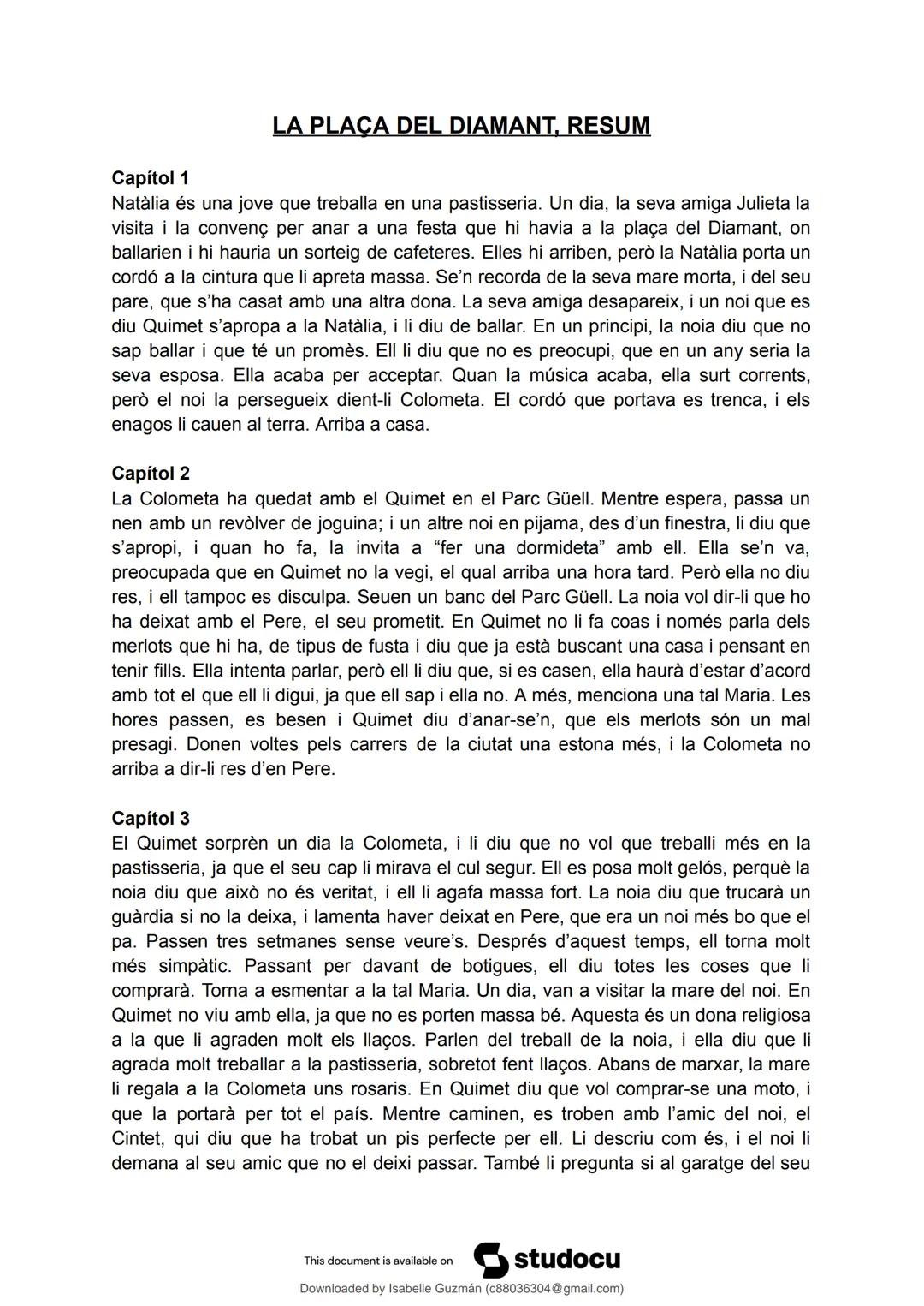 # studocu
La plaça del diamant, resum detallat per capítols
Llengua Catalana i Literatura II (Institut Manuel Carrasco i Formiguera)
Sca