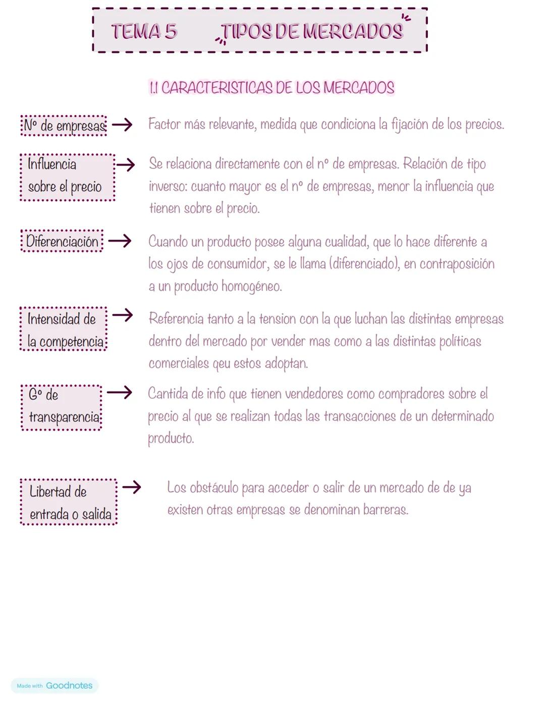 TEMA 5
TIPOS DE MERCADOS
1.1 CARACTERISTICAS DE LOS MERCADOS
N° de empresas
→ Factor más relevante, medida que condiciona la fijación de l