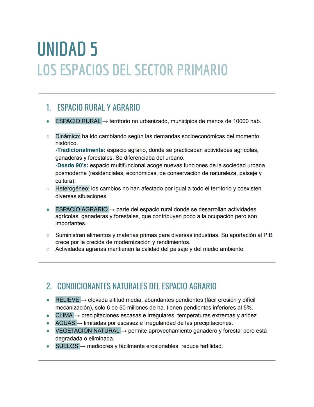 # UNIDAD 5
# LOS ESPACIOS DEL SECTOR PRIMARIO
1. ESPACIO RURAL Y AGRARIO
* ESPACIO RURAL → territorio no urbanizado, municipios de meno