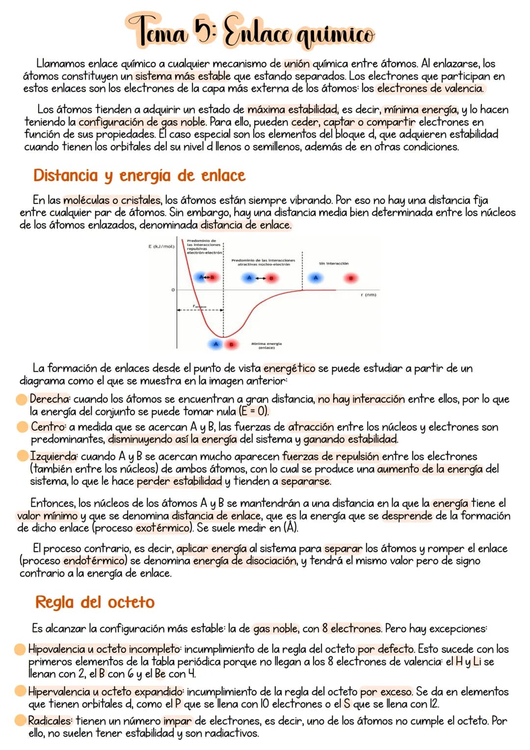# Tema 5: Enlace quimico
Llamamos enlace químico a cualquier mecanismo de unión química entre átomos. Al enlazarse, los
átomos constituyen