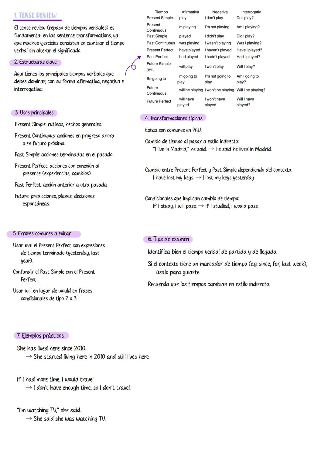 Inglés # 1. TENSE REVIEW
El tense review (repaso de tiempos verbales) es
fundamental en las sentence transformations, ya
que muchos ejercic