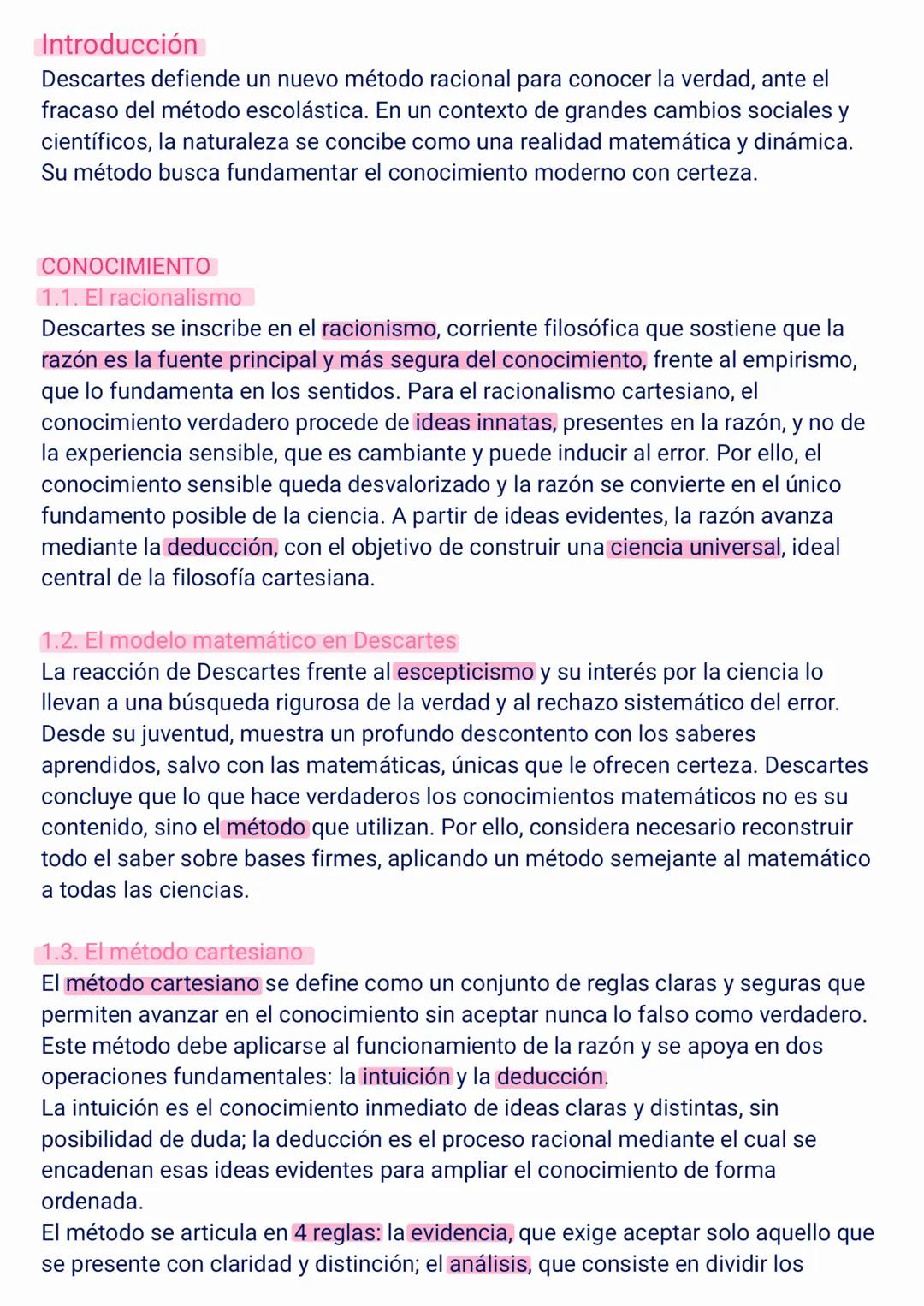 # Introducción
Descartes defiende un nuevo método racional para conocer la verdad, ante el
fracaso del método escolástica. En un contexto d
