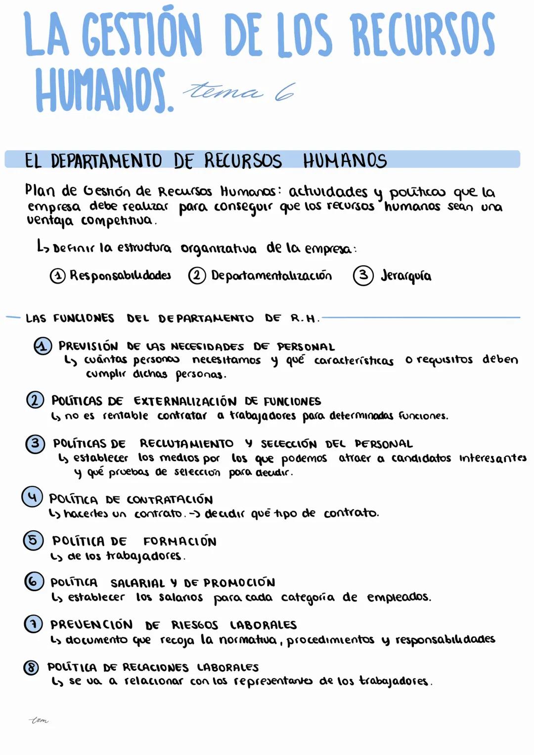 # LA GESTIÓN DE LOS RECURSOS
HUMANOS.
tema 6
# EL DEPARTAMENTO DE RECURSOS HUMANOS
Plan de Gestión de Recursos Humanos: actividades y poū