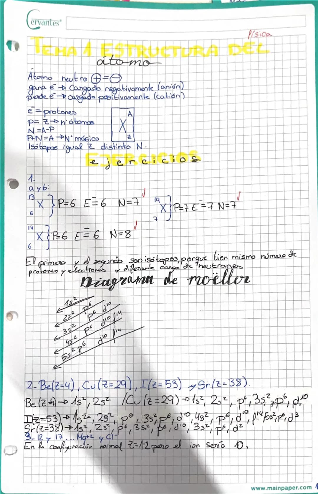 # Písica
# TEMA 1 ESTRUCTURA DEL átomo
Átomo neutro $\Theta=\Theta$
* gana e- $\rightarrow$ Cargado negativamente (anión)
* pierde e- $\rig