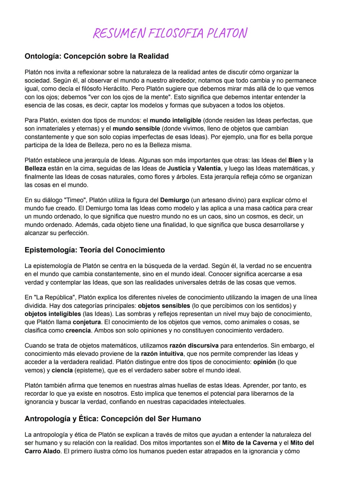 # RESUMEN FILOSOFIA PLATON
## Ontología: Concepción sobre la Realidad
Platón nos invita a reflexionar sobre la naturaleza de la realidad a