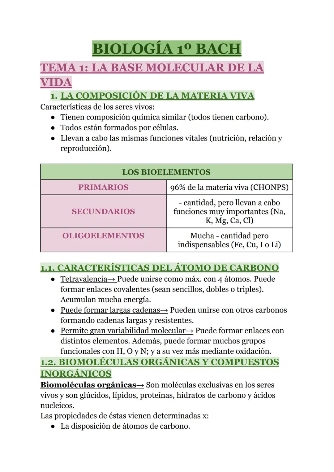 # BIOLOGÍA 1º BACH
## TEMA 1: LA BASE MOLECULAR DE LA VIDA
### 1. LA COMPOSICIÓN DE LA MATERIA VIVA
Características de los seres vivos:
* Ti
