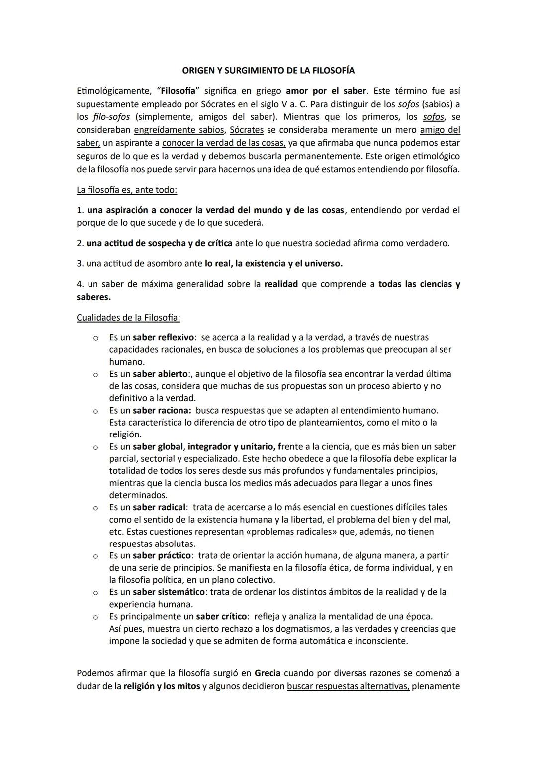 # ORIGEN Y SURGIMIENTO DE LA FILOSOFÍA
Etimológicamente, "Filosofía" significa en griego amor por el saber. Este término fue así
supuestame