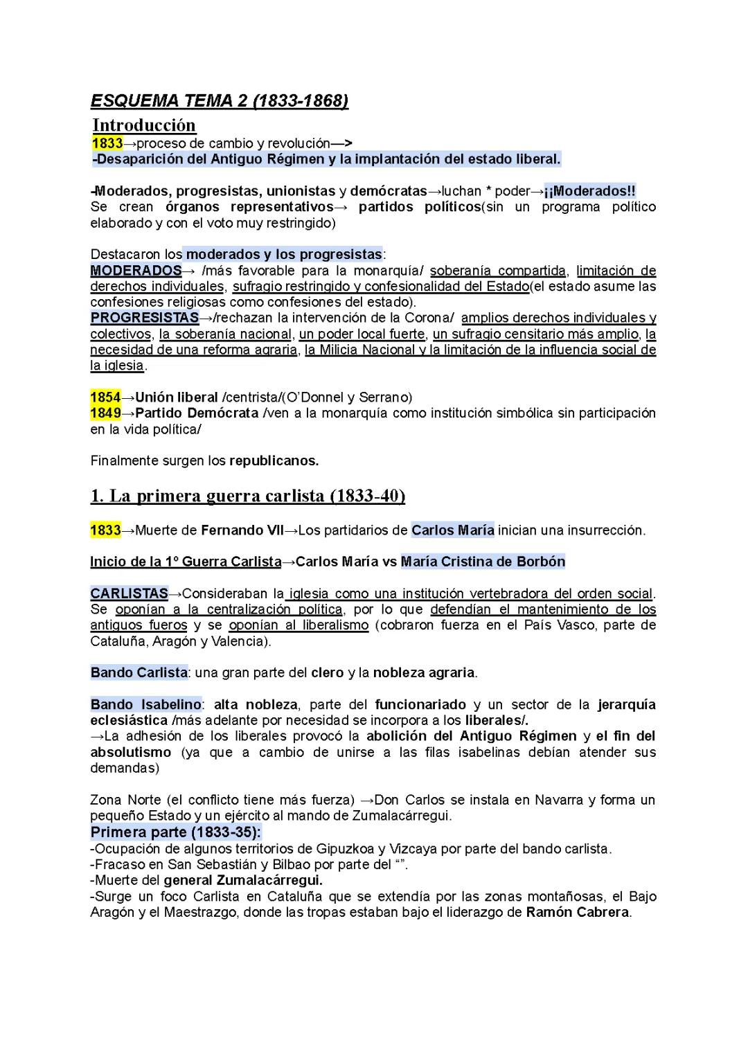 ESQUEMA HISTORIA DE ESPAÑA (1833-1868)