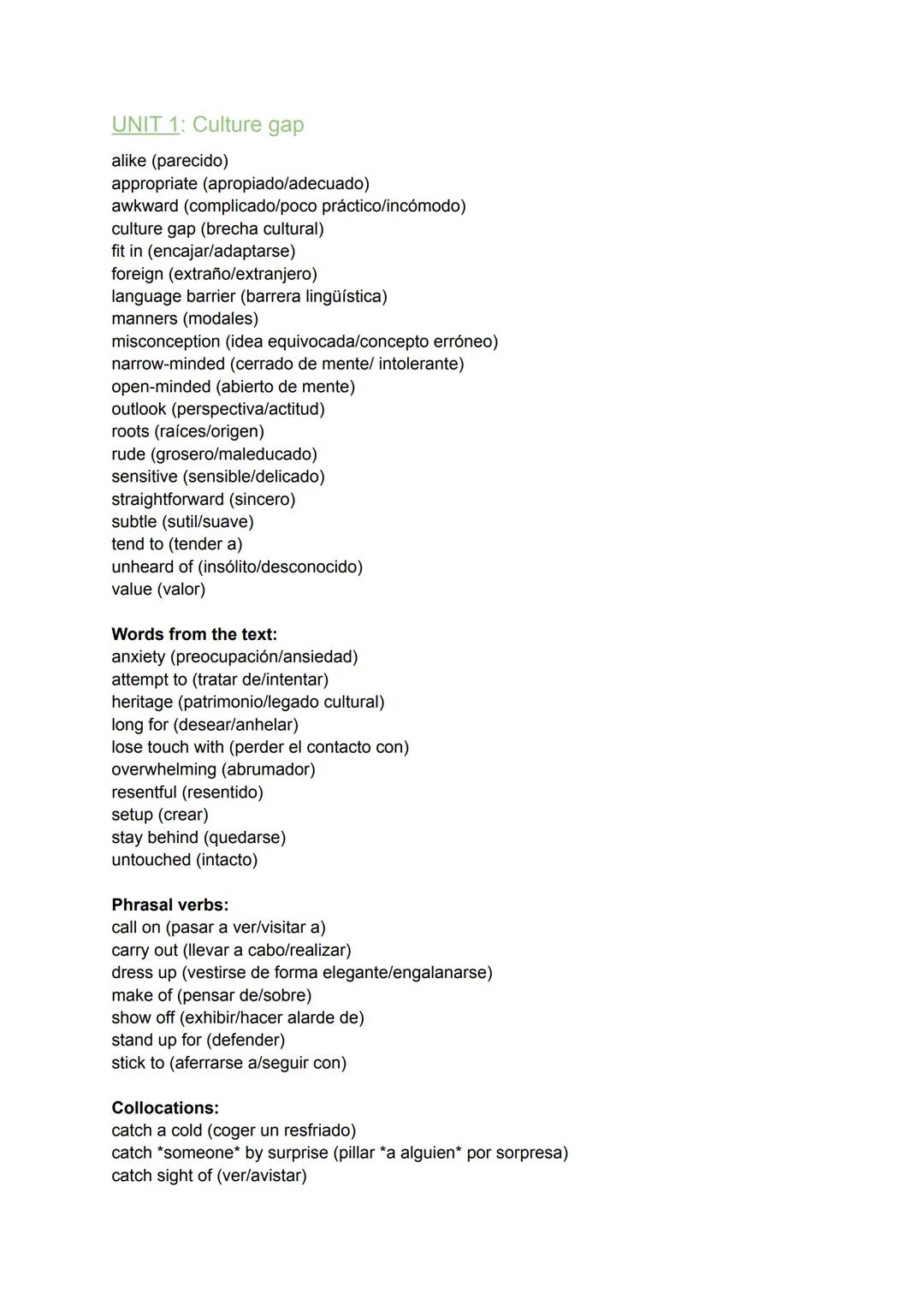 UNIT 1: Culture gap
alike (parecido)
appropriate (apropiado/adecuado)
awkward (complicado/poco práctico/incómodo)
culture gap (brecha cultur