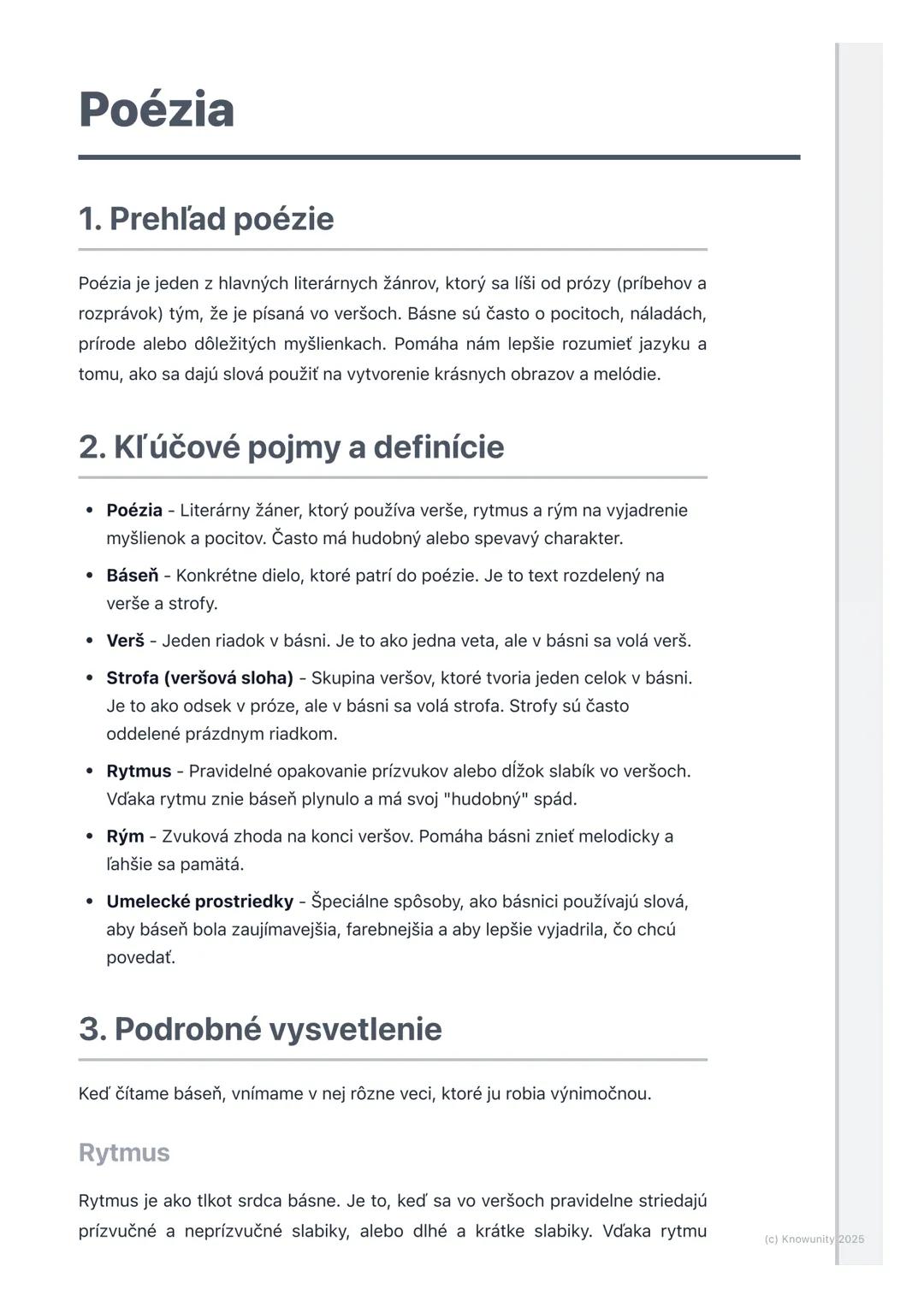 # Poézia
1. Prehľad poézie
Poézia je jeden z hlavných literárnych žánrov, ktorý sa líši od prózy (príbehov a
rozprávok) tým, že je písaná