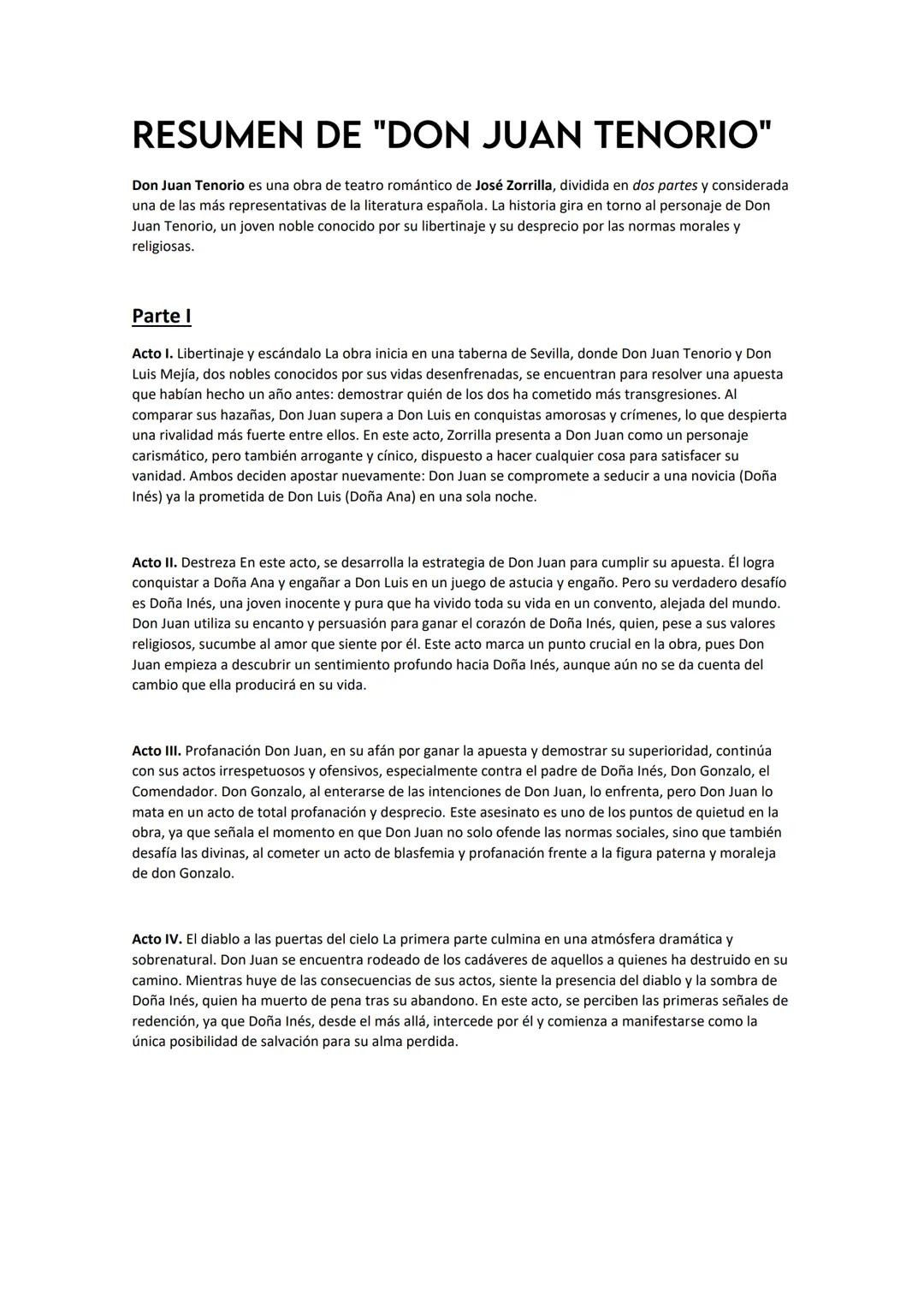 RESUMEN DE "DON JUAN TENORIO"
Don Juan Tenorio es una obra de teatro romántico de José Zorrilla, dividida en dos partes y considerada
una de