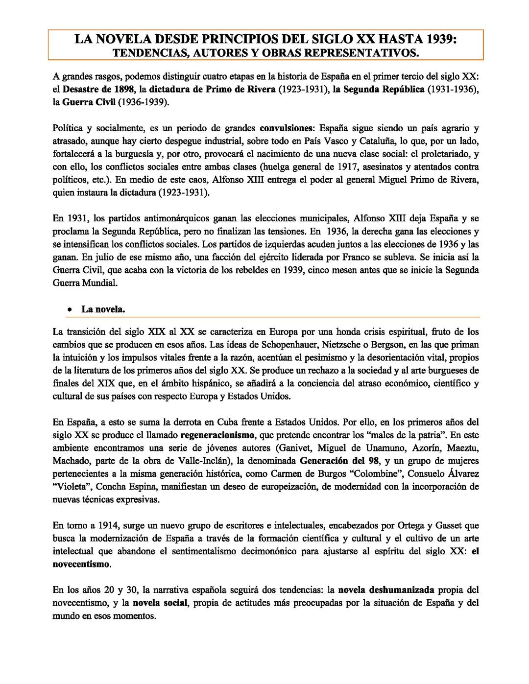 LA NOVELA DESDE PRINCIPIOS DEL SIGLO XX HASTA 1939