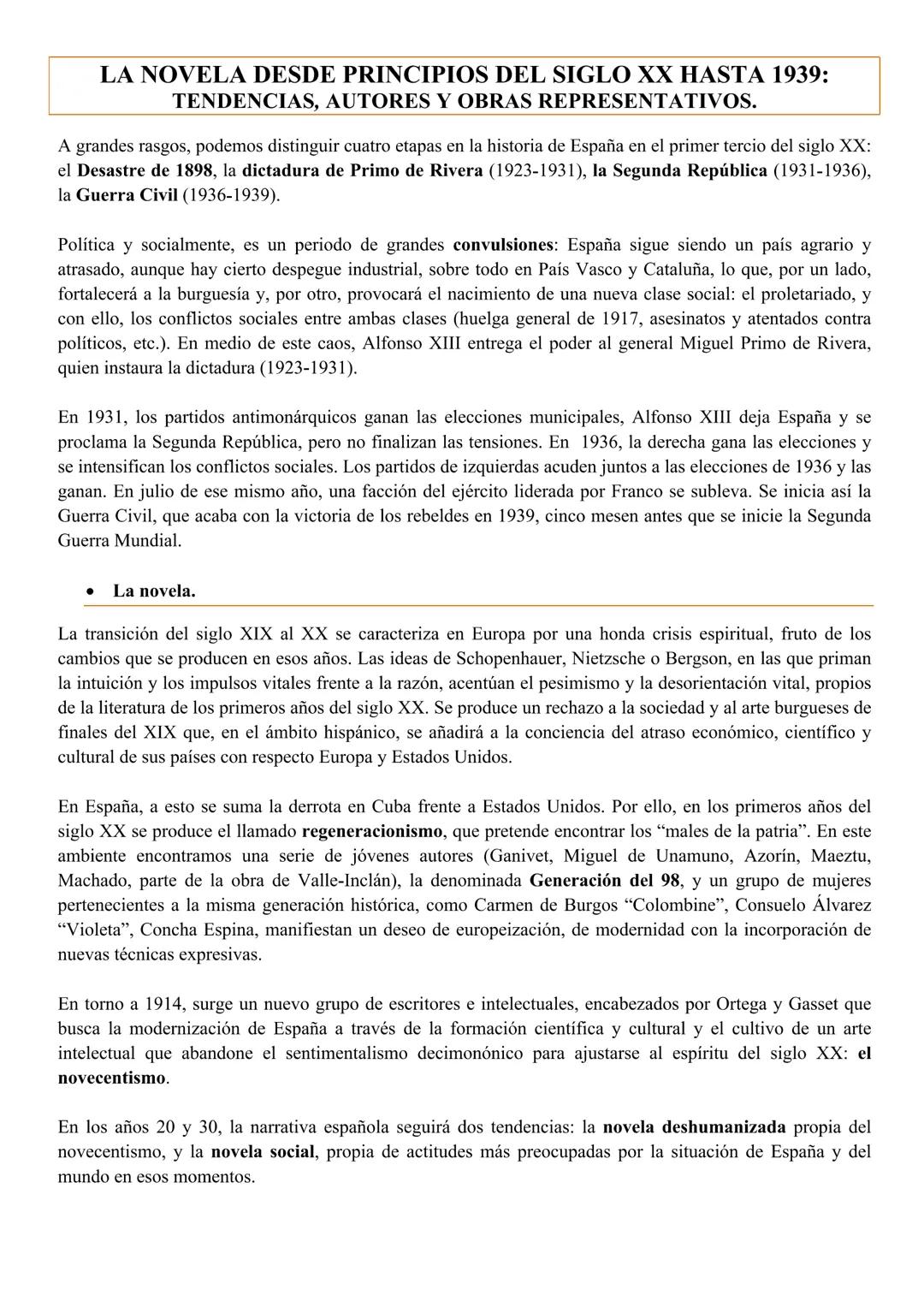 LA NOVELA DESDE PRINCIPIOS DEL SIGLO XX HASTA 1939:
TENDENCIAS, AUTORES Y OBRAS REPRESENTATIVOS.
A grandes rasgos, podemos distinguir cuatro