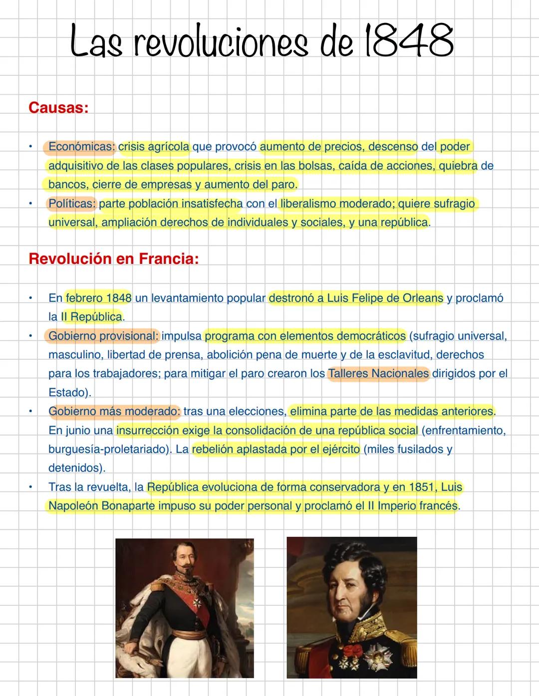 Causas:
●
Las revoluciones de 1848.
●
●
Económicas: crisis agrícola que provocó aumento de precios, descenso del poder
adquisitivo de las cl