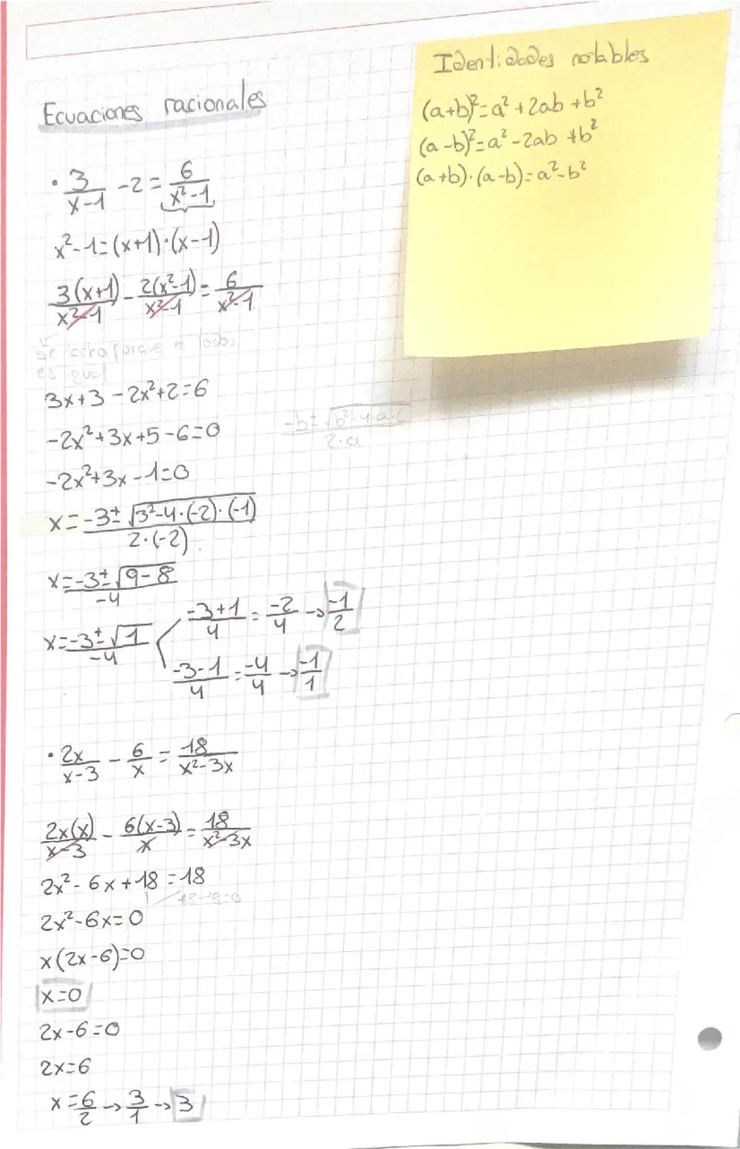 Ecuaciones racionales
$
\frac{3}{x-1} - 2 = \frac{6}{x^2-1}
$
$x^2-1 = (x+1)(x-1)$
$
\frac{3(x+1)}{x^2-1} - \frac{2(x^2-1)}{x^2-1} = \fra