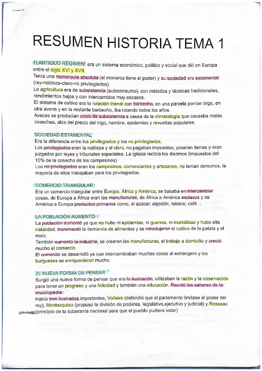 RESUMEN HISTORIA TEMA 1
1).ANTIGUO RÉGIMEN: era un sistema económico, político y social que dió en Europa
entre el siglo XVI y XVII.
Tenia u