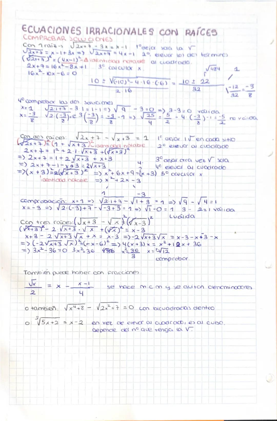 ECUACIONES IRRACIONALES CON RAÍCES
COMPROBAR SOLUCIONES.
Con raiz- √2x+7-3x=x-1 1° dejar sara la r
√2x+2=x-1+3x=> √√2x+7=4x-1 29 elevor to d