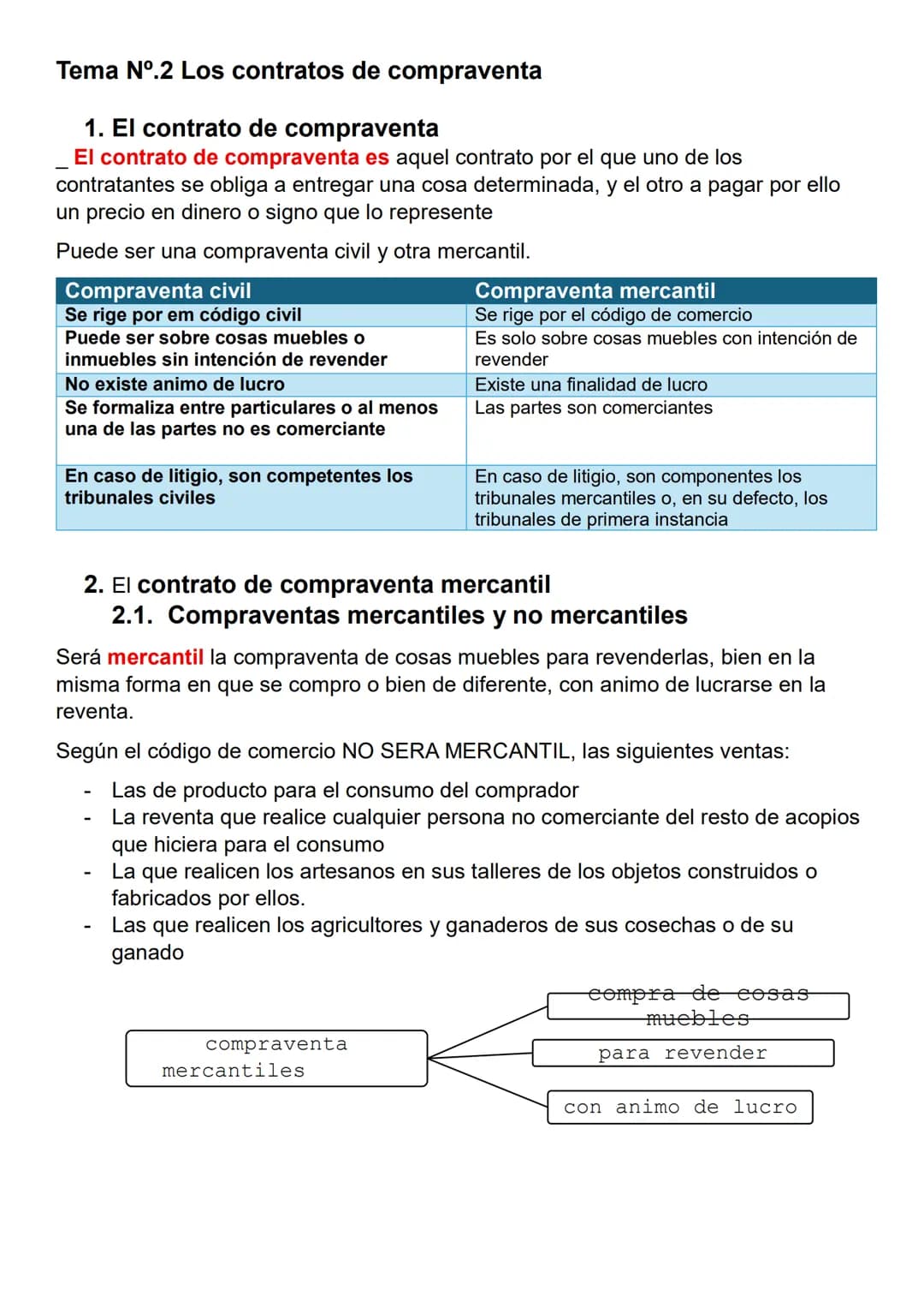 # Tema N°.2 Los contratos de compraventa
## 1. El contrato de compraventa
_ El contrato de compraventa es aquel contrato por el que uno de