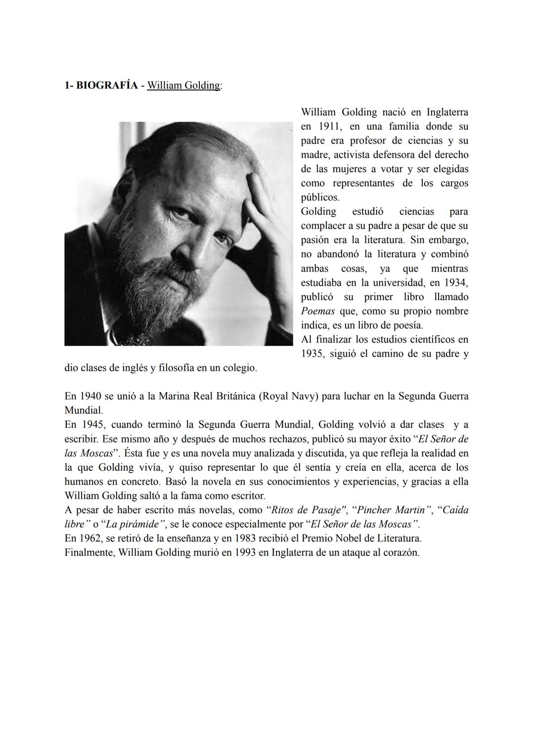 EL SEÑOR DE LAS MOSCAS
William
Golding
El Señor
de las
Moscas
Alianza
editorial 1- BIOGRAFÍA - William Golding:
William Golding nació en Ing