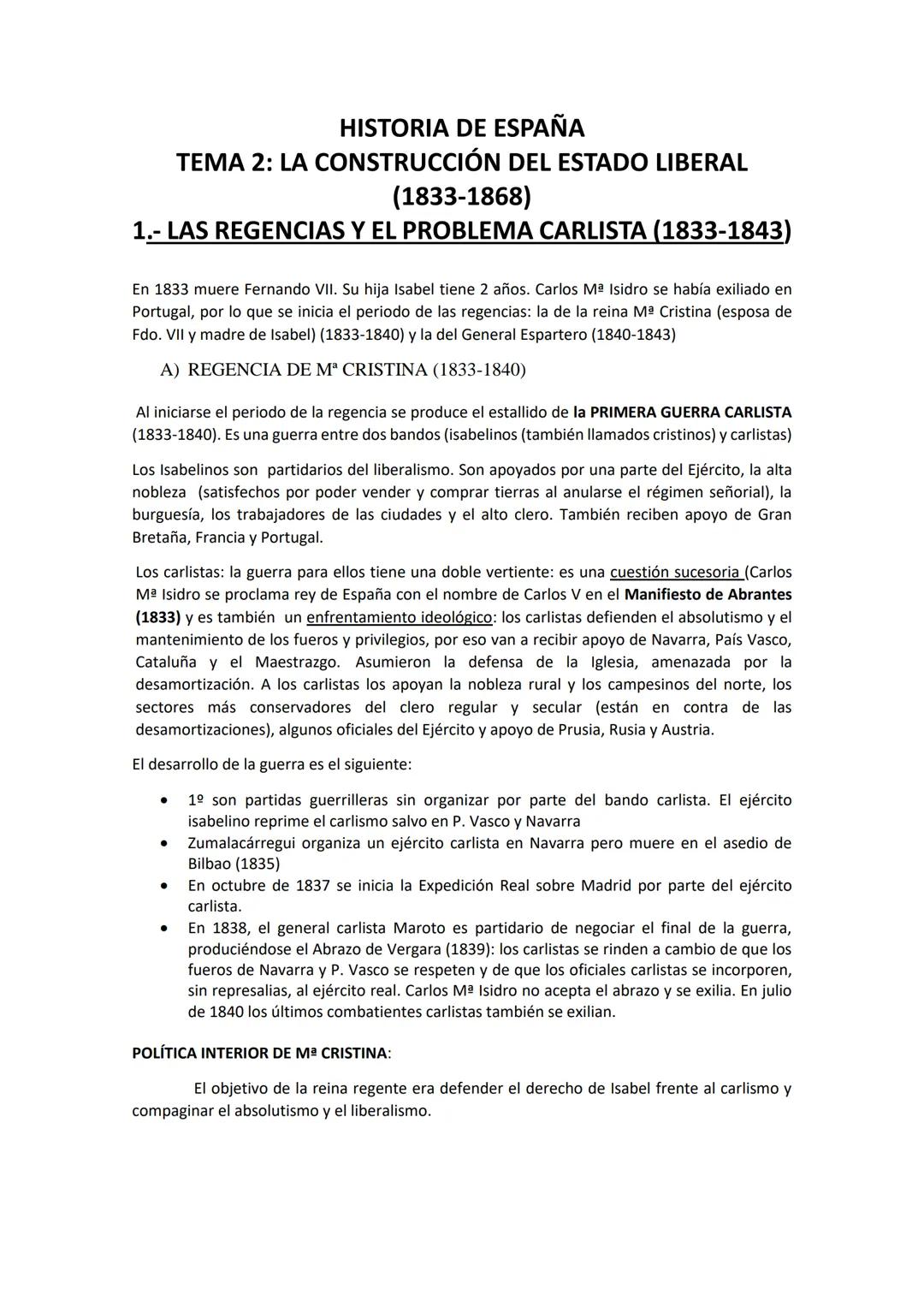 HISTORIA DE ESPAÑA
TEMA 2: LA CONSTRUCCIÓN DEL ESTADO LIBERAL
(1833-1868)
1.- LAS REGENCIAS Y EL PROBLEMA CARLISTA (1833-1843)
En 1833 muere