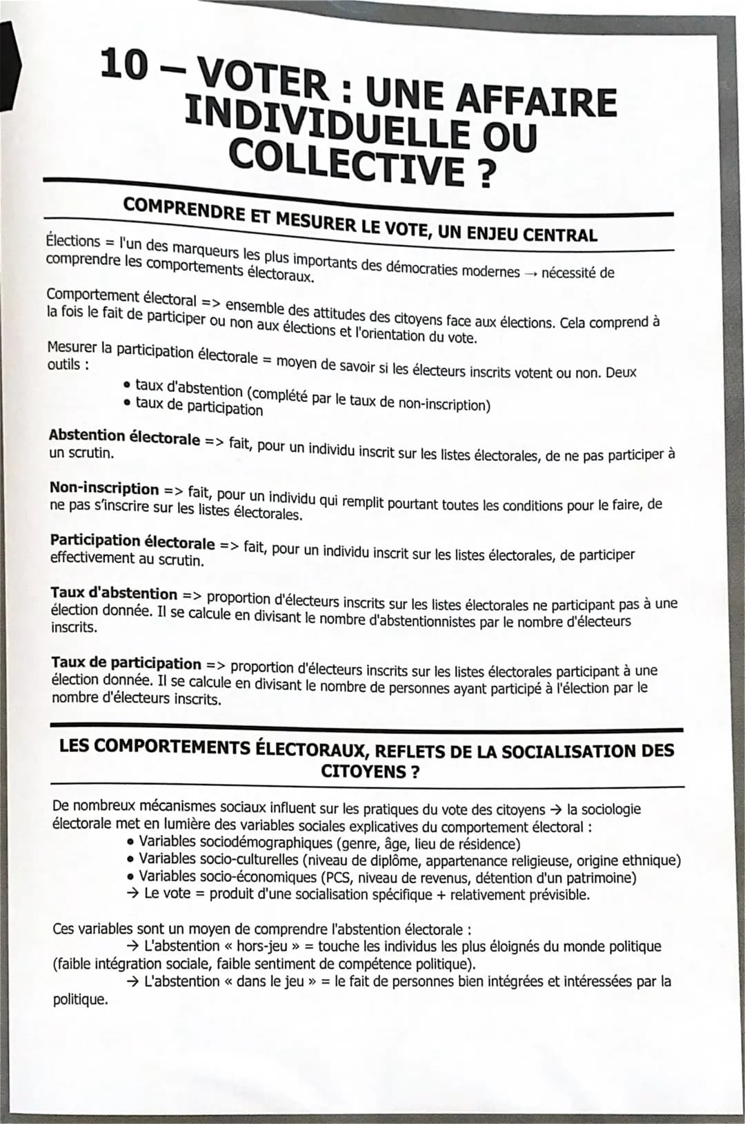# 10 – VOTER : UNE AFFAIRE
INDIVIDUELLE OU
COLLECTIVE ?
COMPRENDRE ET MESURER LE VOTE, UN ENJEU CENTRAL
Élections = l'un des marqueurs les