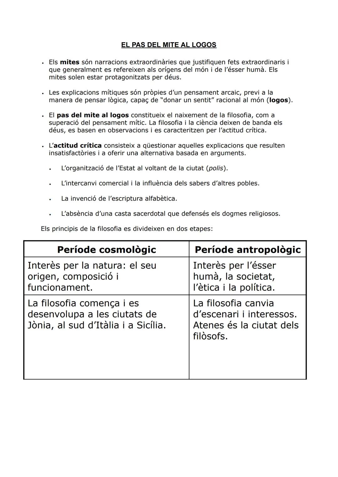 EL PAS DEL MITE AL LOGOS
Els mites són narracions extraordinàries que justifiquen fets extraordinaris i
que generalment es refereixen als or